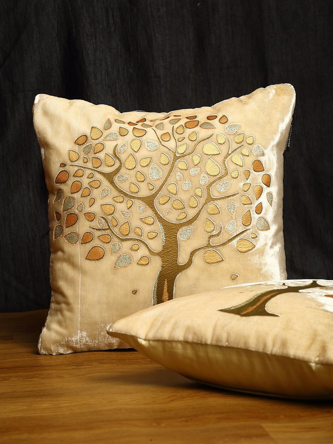 HOSTA HOMES Set Of 2 Cream-Coloured & Gold-Toned Floral Velvet Square Cushion Covers Price in India