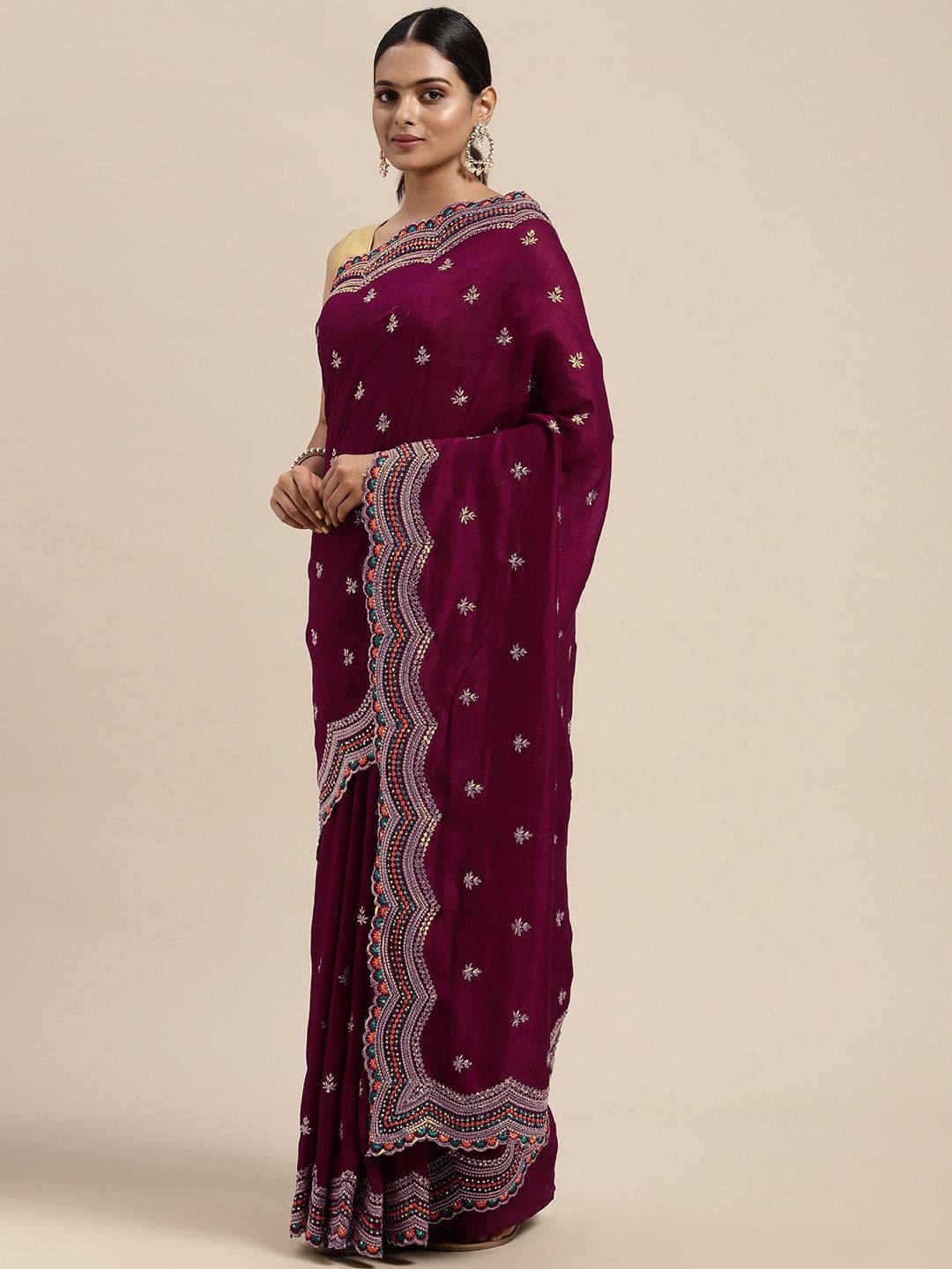 Mitera Purple Embellished Beads and Stones Art Silk Saree Price in India