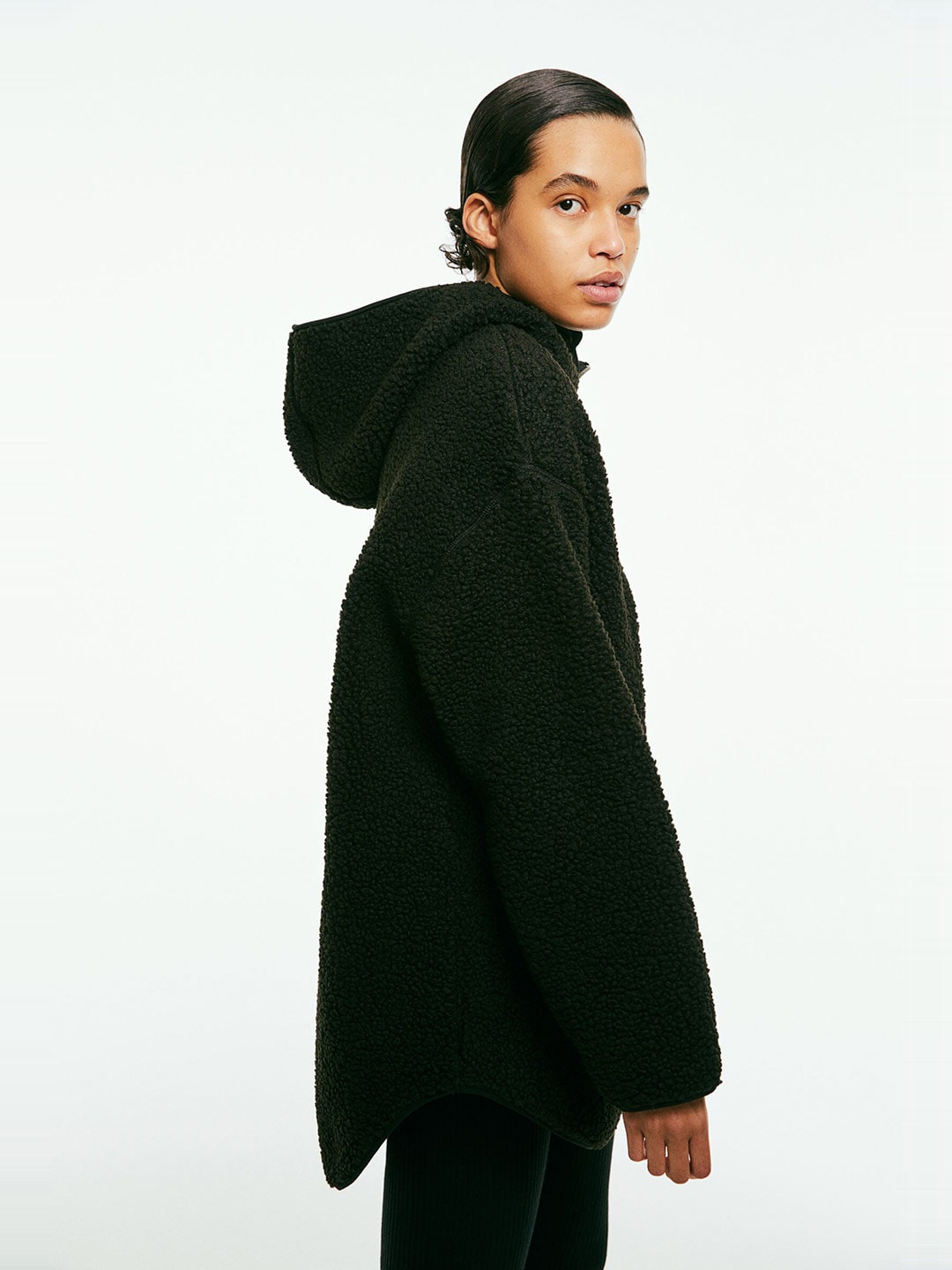 H&M Women Black Oversized Faux Shearling Hoodie Price in India