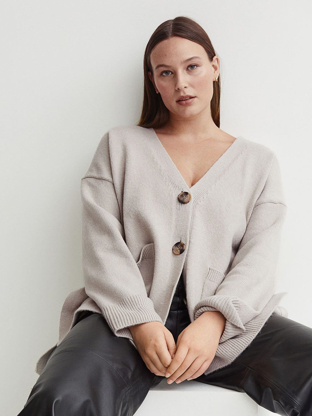 H&M Women Grey & Beige Solid Boxy-Style Cardigan Price in India