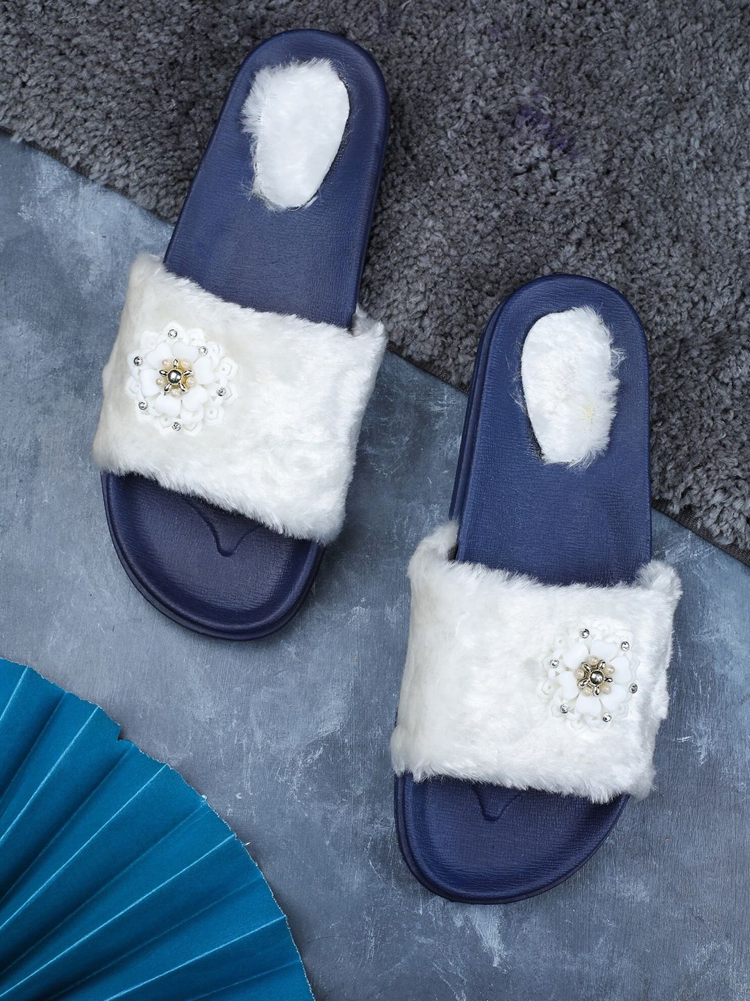 FABBMATE Women White Fur Sliders Price in India