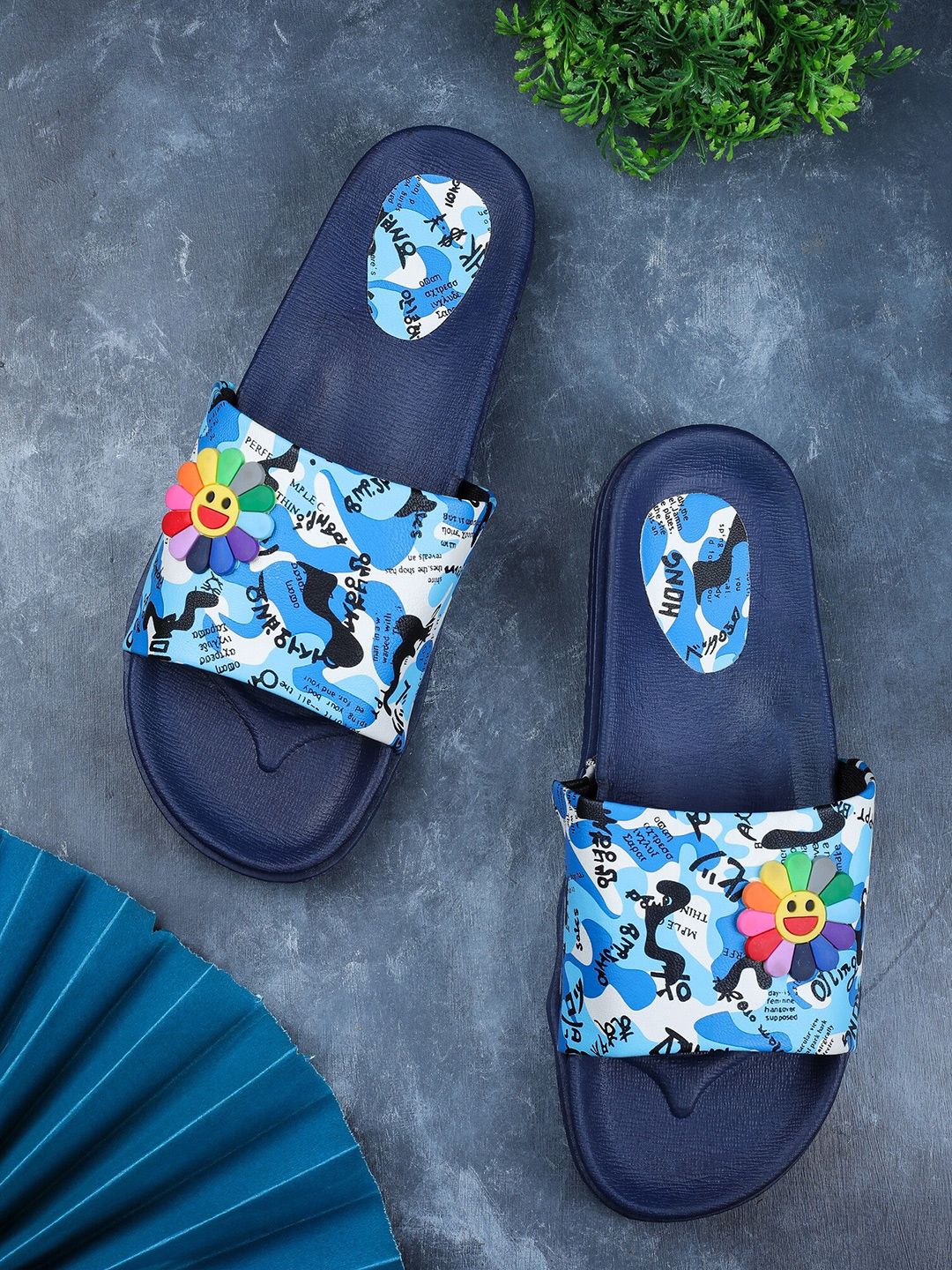 FABBMATE Women Blue & White Printed Sliders Price in India