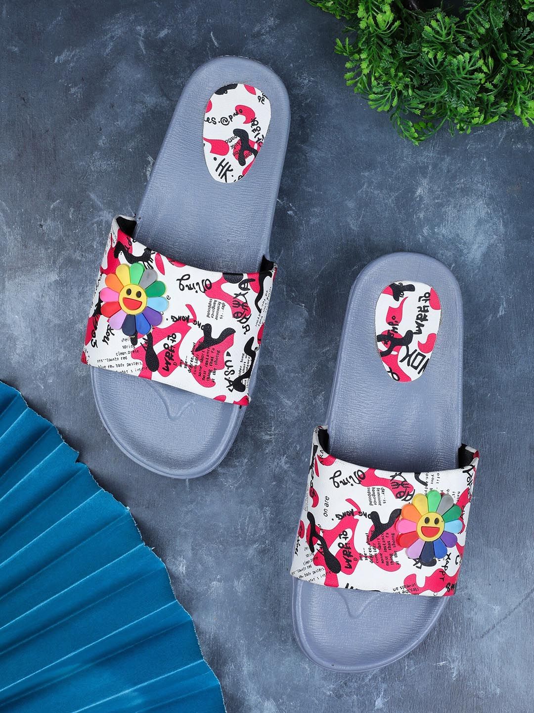 FABBMATE Women Grey & Red Printed Sliders Price in India