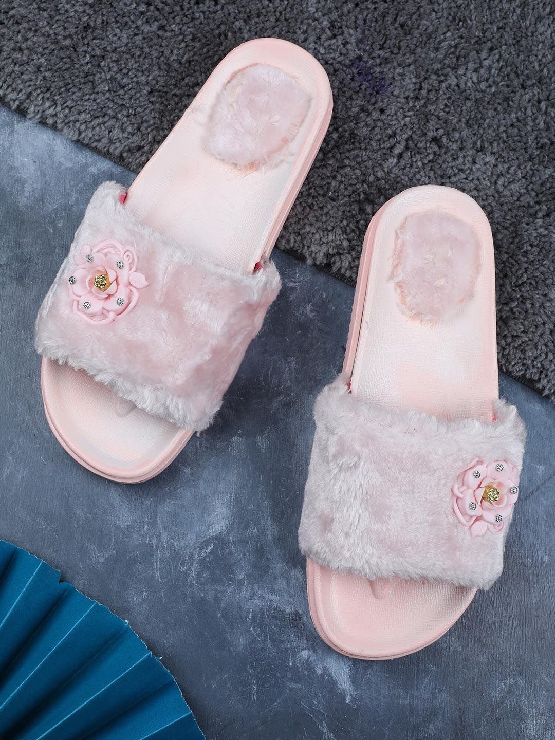 FABBMATE Women Pink Fur Sliders Price in India