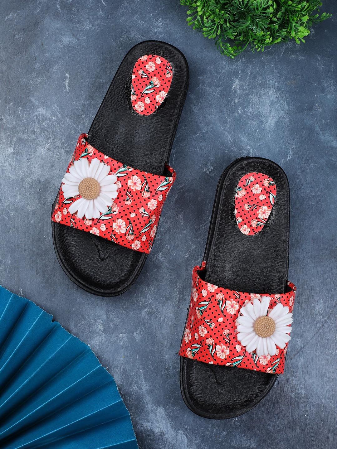 FABBMATE Women Black & Red Printed Sliders Price in India