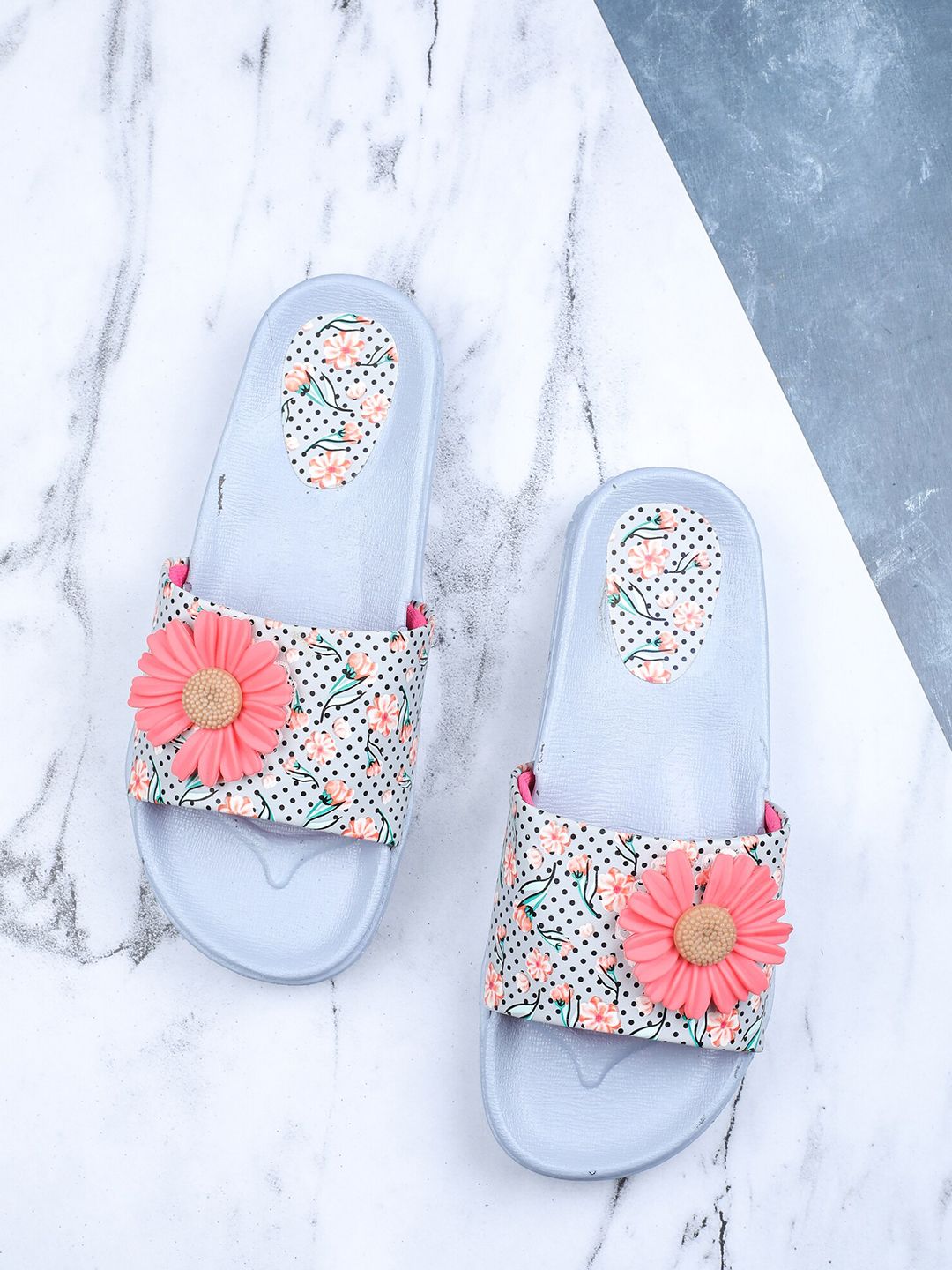 FABBMATE Women Grey & Peach-Coloured Printed Sliders Price in India