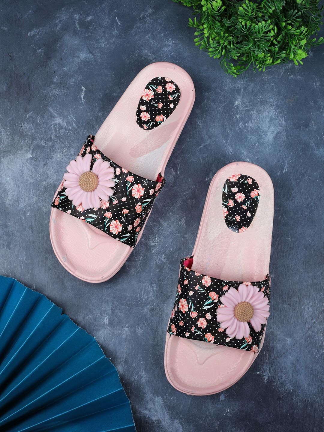 FABBMATE Women Pink & Black Printed Sliders Price in India