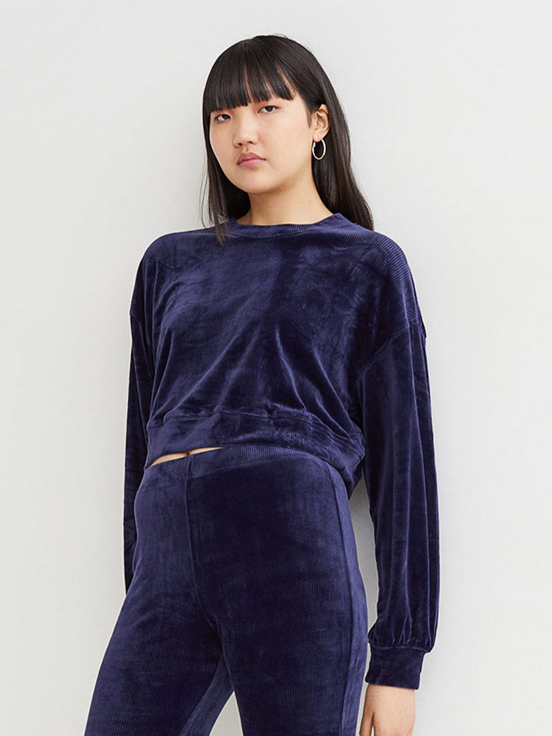 H&M Women Blue Cropped Ribbed Velour Top Price in India