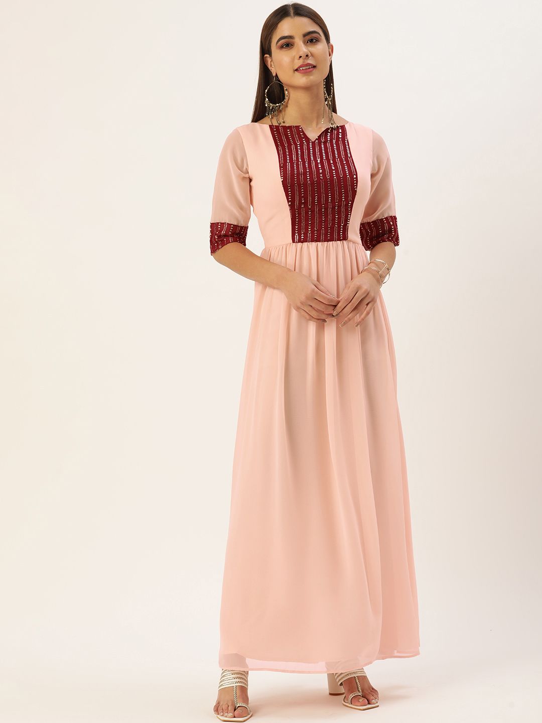 EthnoVogue Peach-Coloured & Maroon Embellished Made To Measure Gathered or Pleated Maxi Price in India