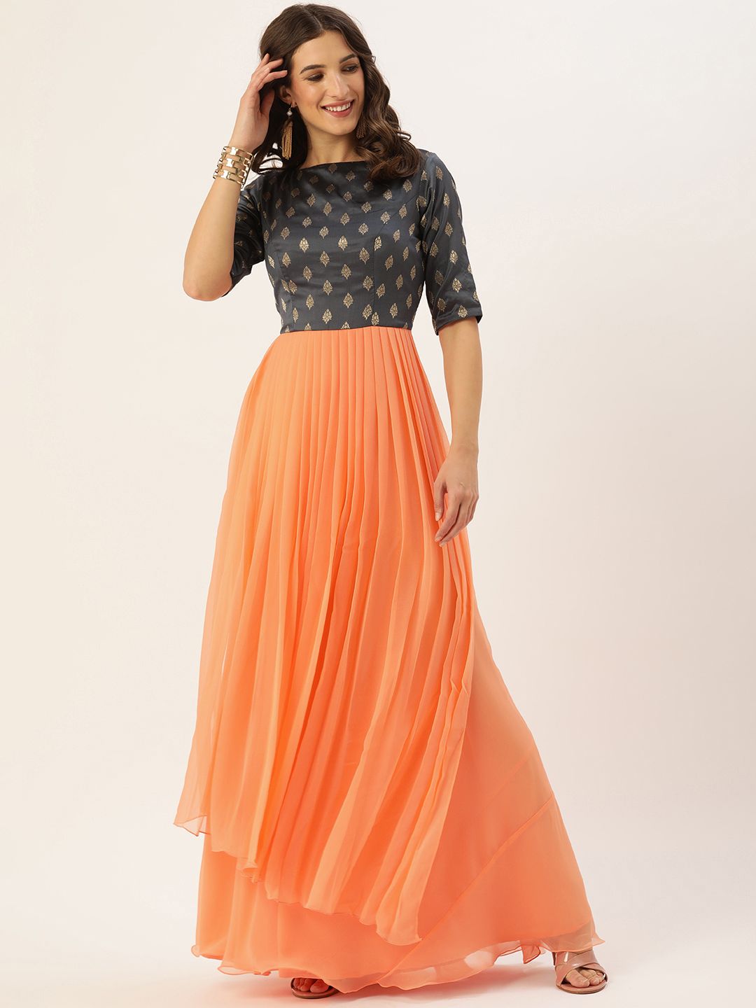 EthnoVogue Coral & Charcoal Grey Ethnic Motifs Made To Measure Jacquard Georgette Maxi Price in India