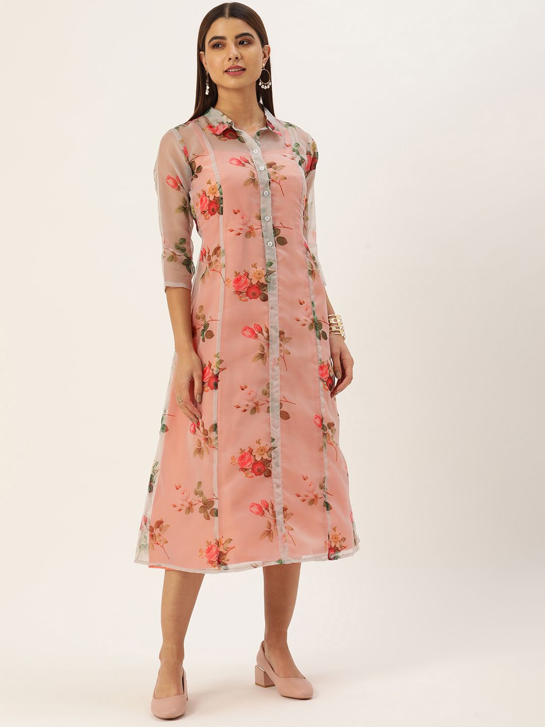 EthnoVogue Grey & Peach-Coloured Floral Print Nylon Sheer Made To Measure Shirt Midi Dress Price in India