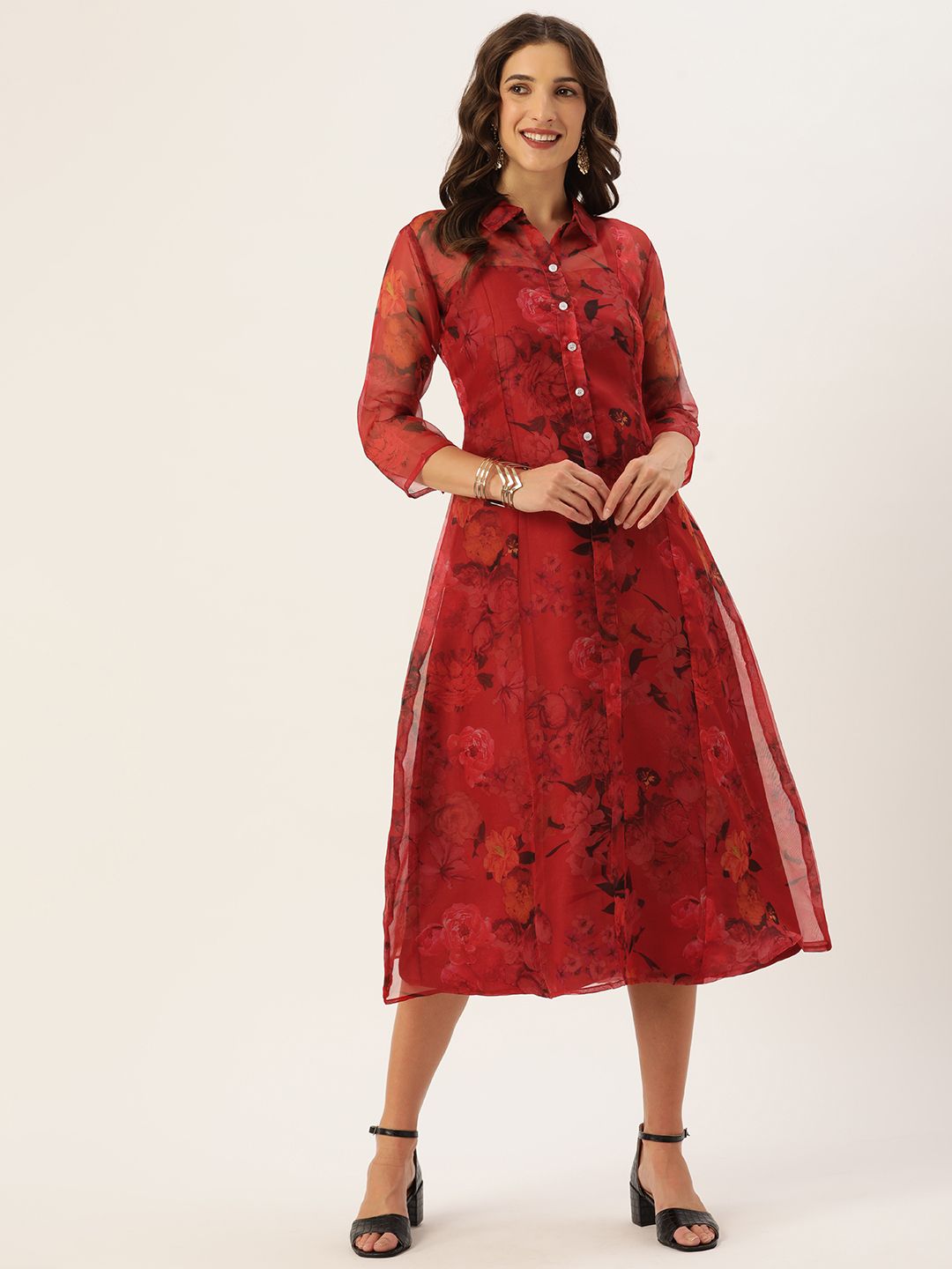 EthnoVogue Red Floral A-Line Midi Dress Price in India