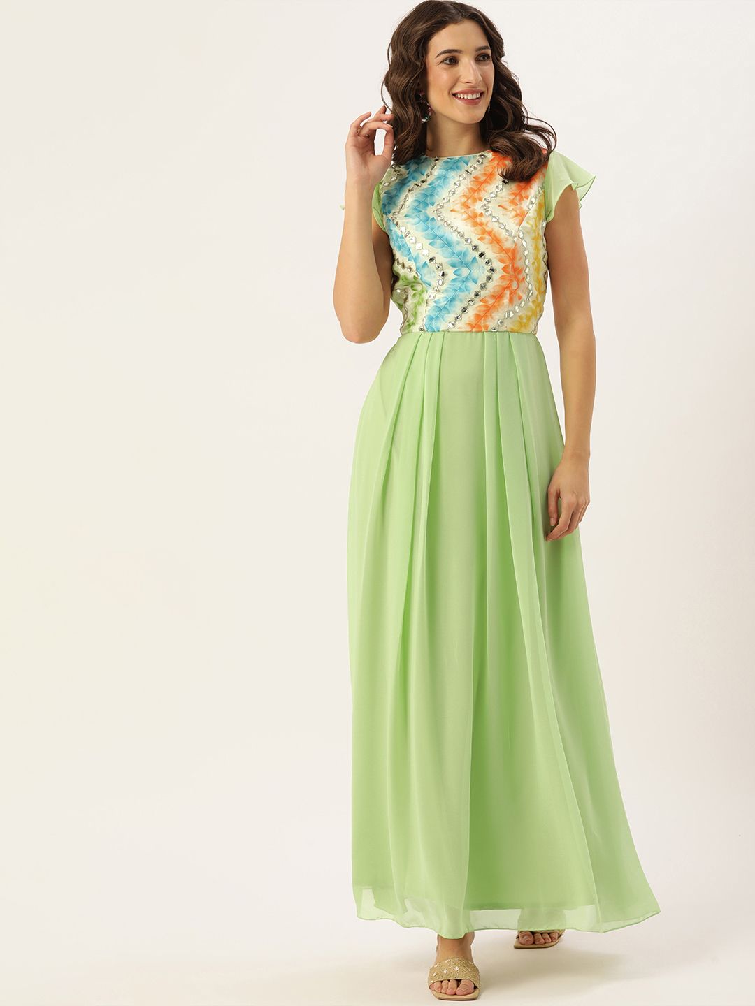 EthnoVogue Green & White Conversational Printed Made To Measure Pleated Georgette Dress Price in India