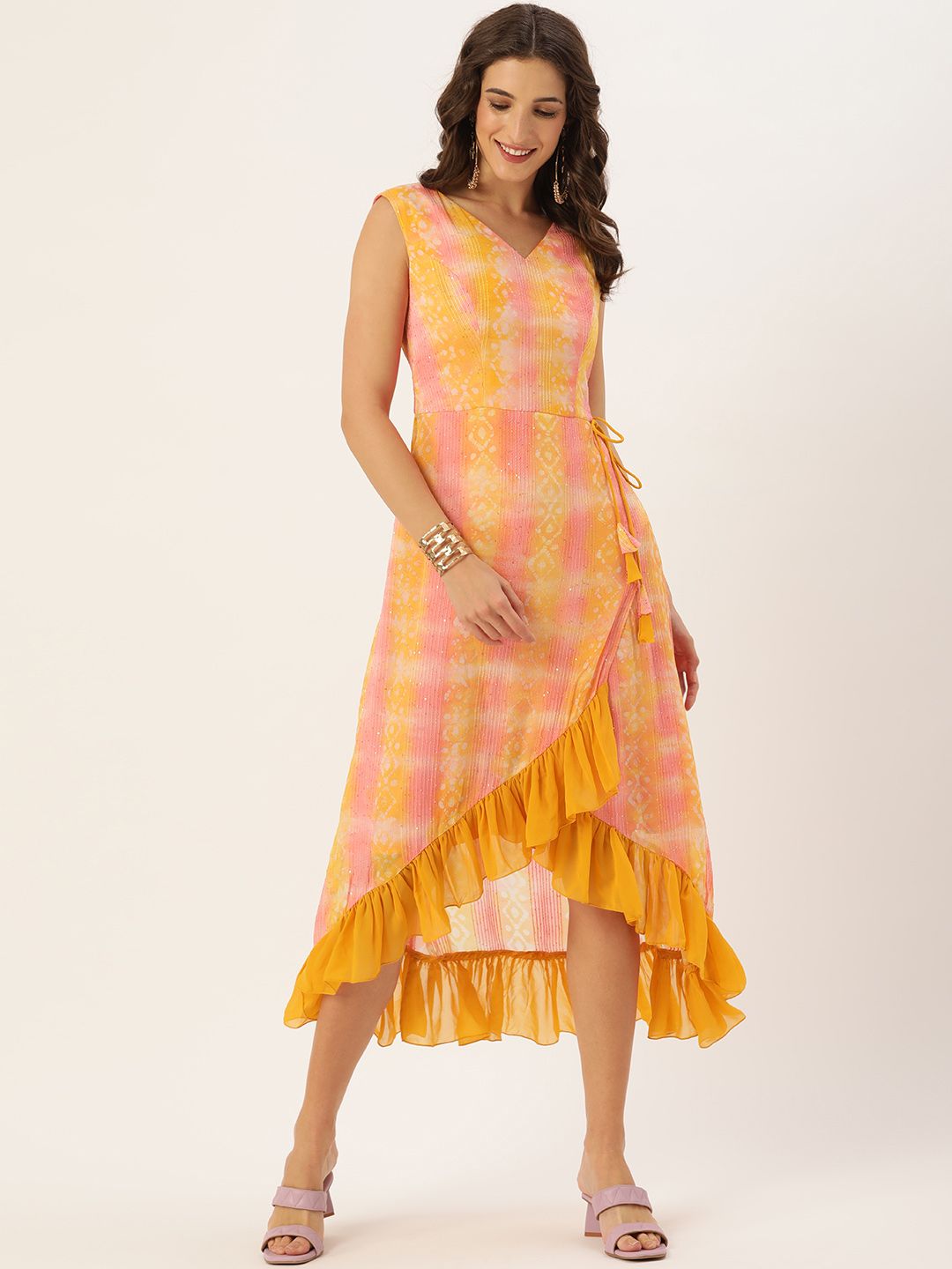 EthnoVogue Yellow & Pink Tie and Dye Sequinned Polyester Made To Measure Fit & Flare Dress Price in India