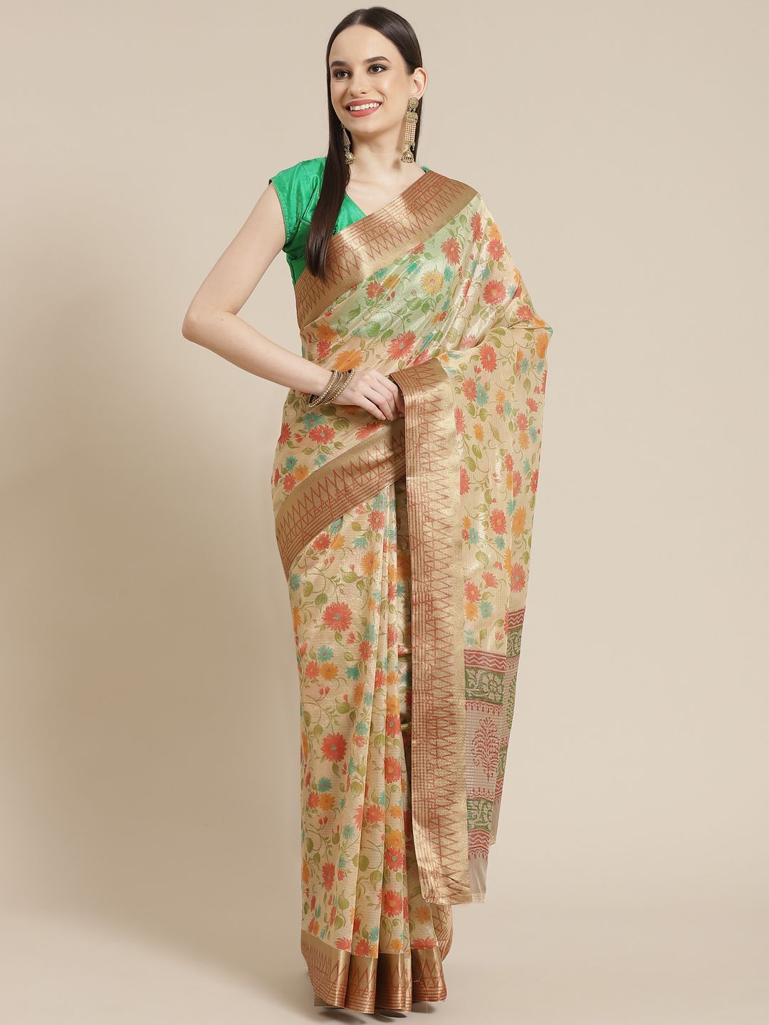 Mitera Beige & Pink Floral Tussar Silk Saree Price in India