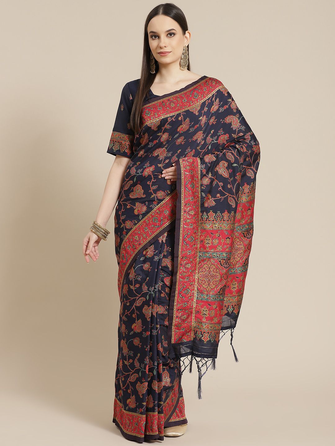 Mitera Navy Blue & Red Floral Printed Zari Saree Price in India