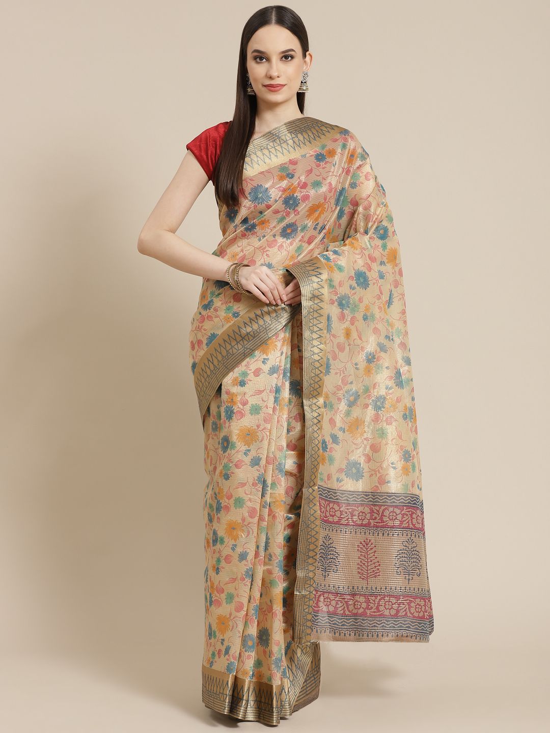 Mitera Beige & Blue Floral Tussar Silk Saree Price in India