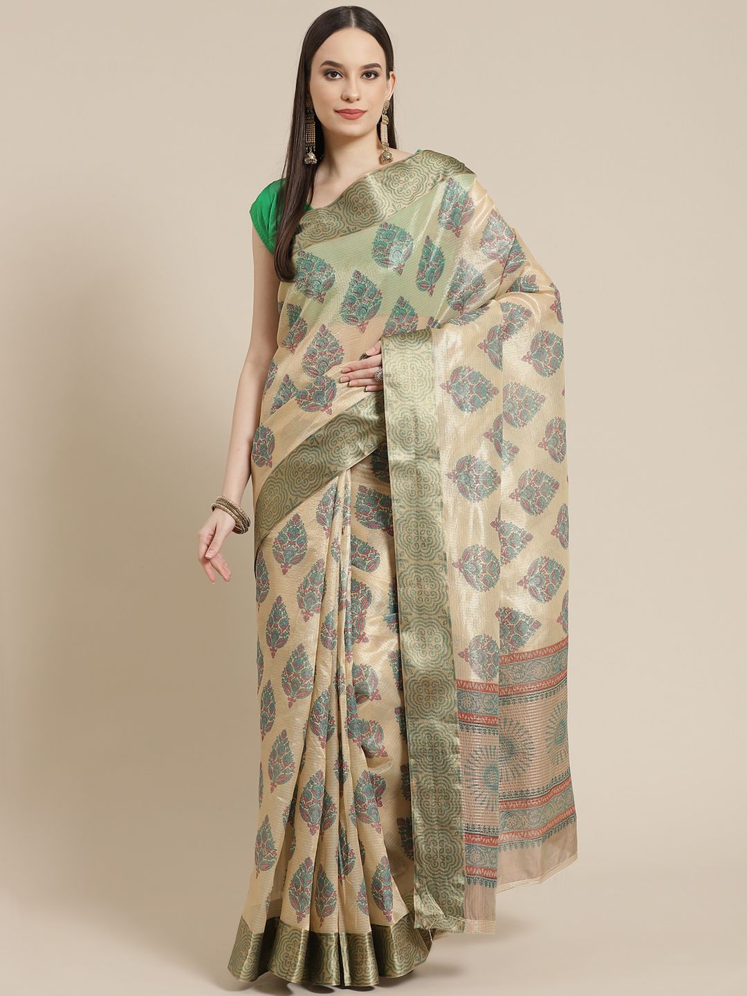 Mitera Beige & Green Ethnic Motifs Tussar Silk Saree Price in India