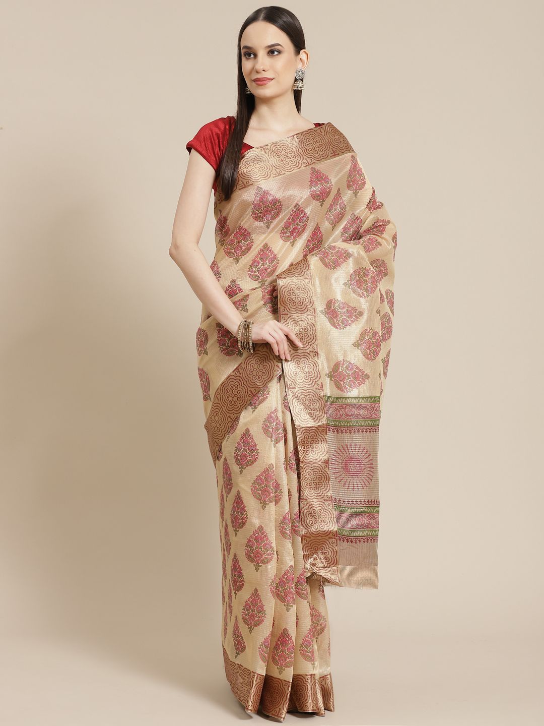 Mitera Beige & Pink Ethnic Motifs Tussar Silk Saree Price in India