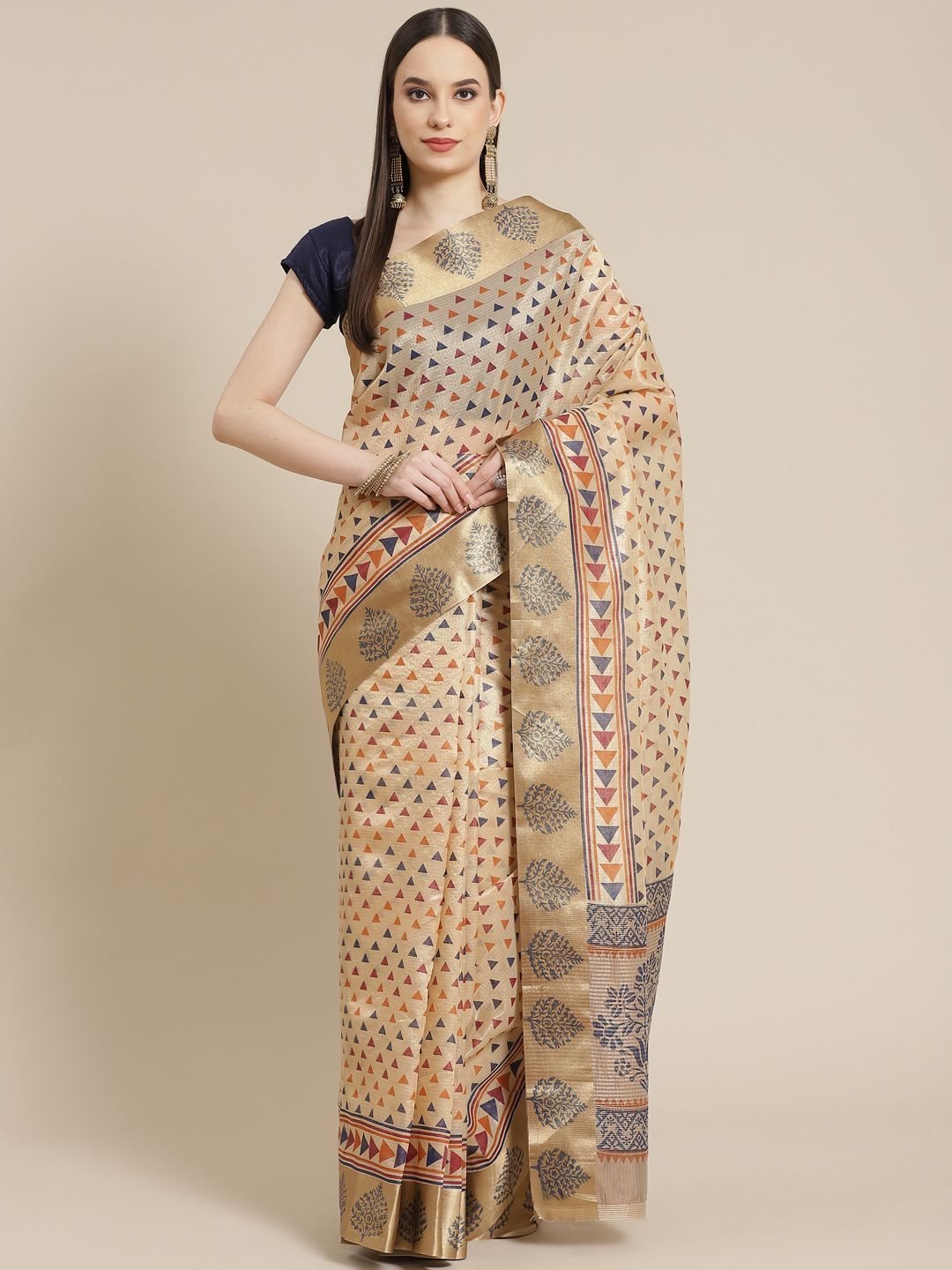 Mitera Beige & Navy Blue Geometric Print Tussar Silk Saree Price in India