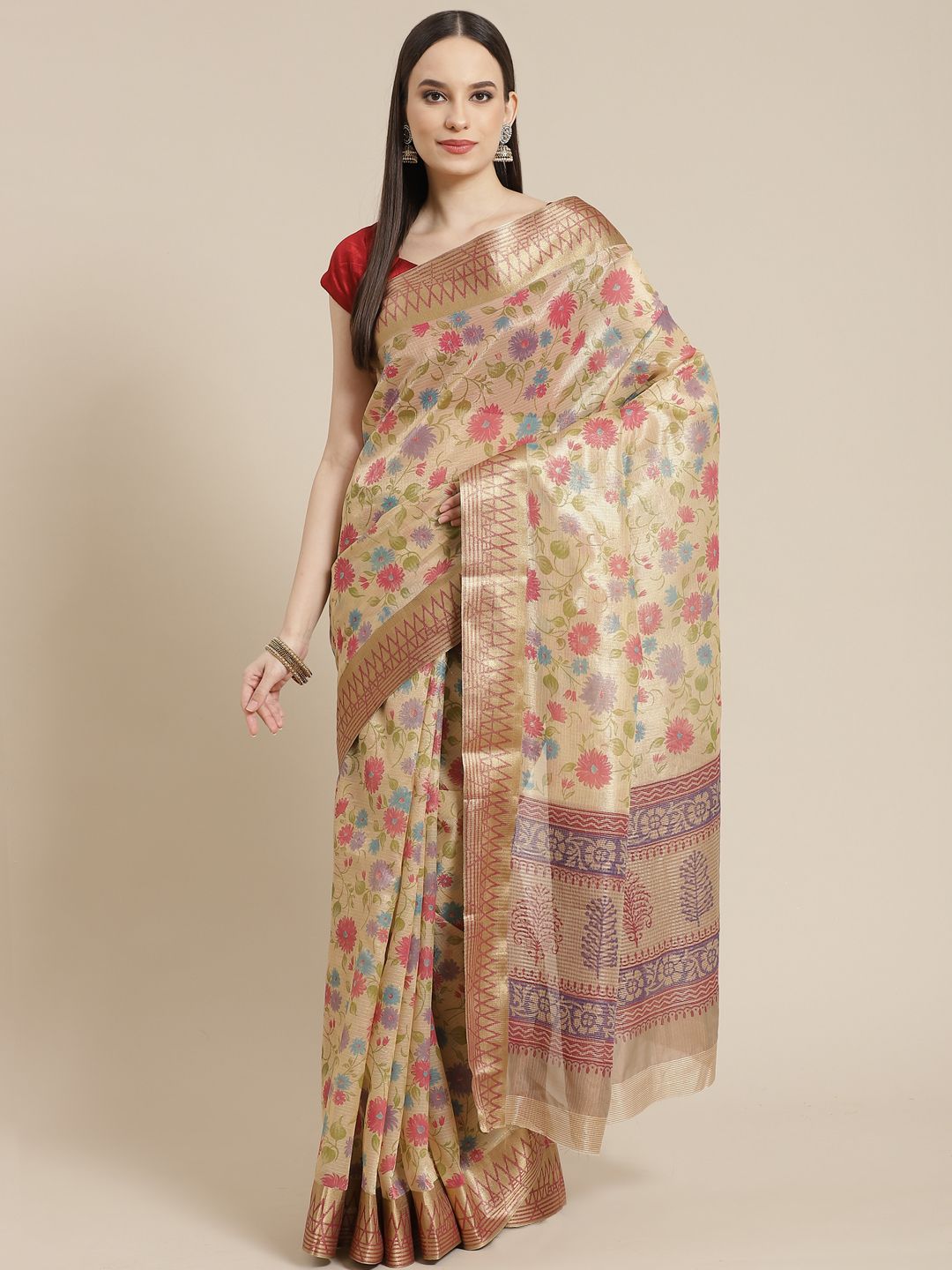 Mitera Beige & Purple Floral Tussar Silk Saree Price in India