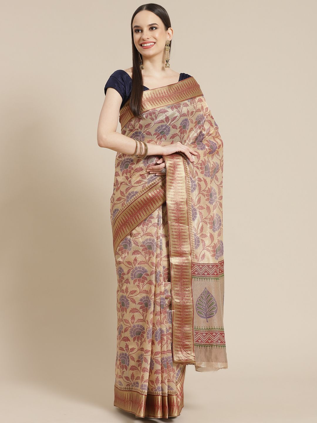 Mitera Beige & Maroon Ethnic Motifs Tussar Silk Saree Price in India