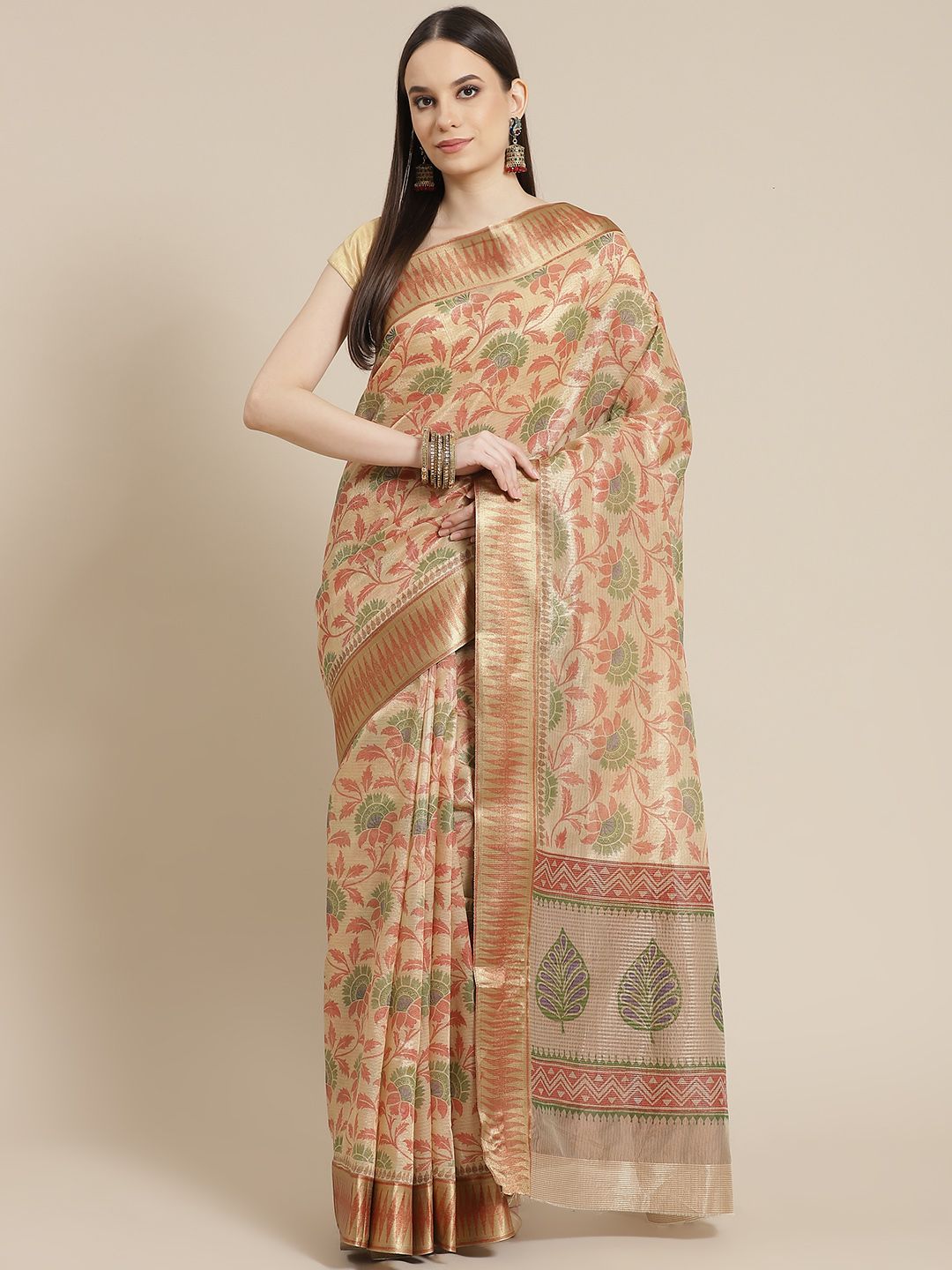 Mitera Beige & Rust Orange Ethnic Motifs Tussar Silk Saree Price in India