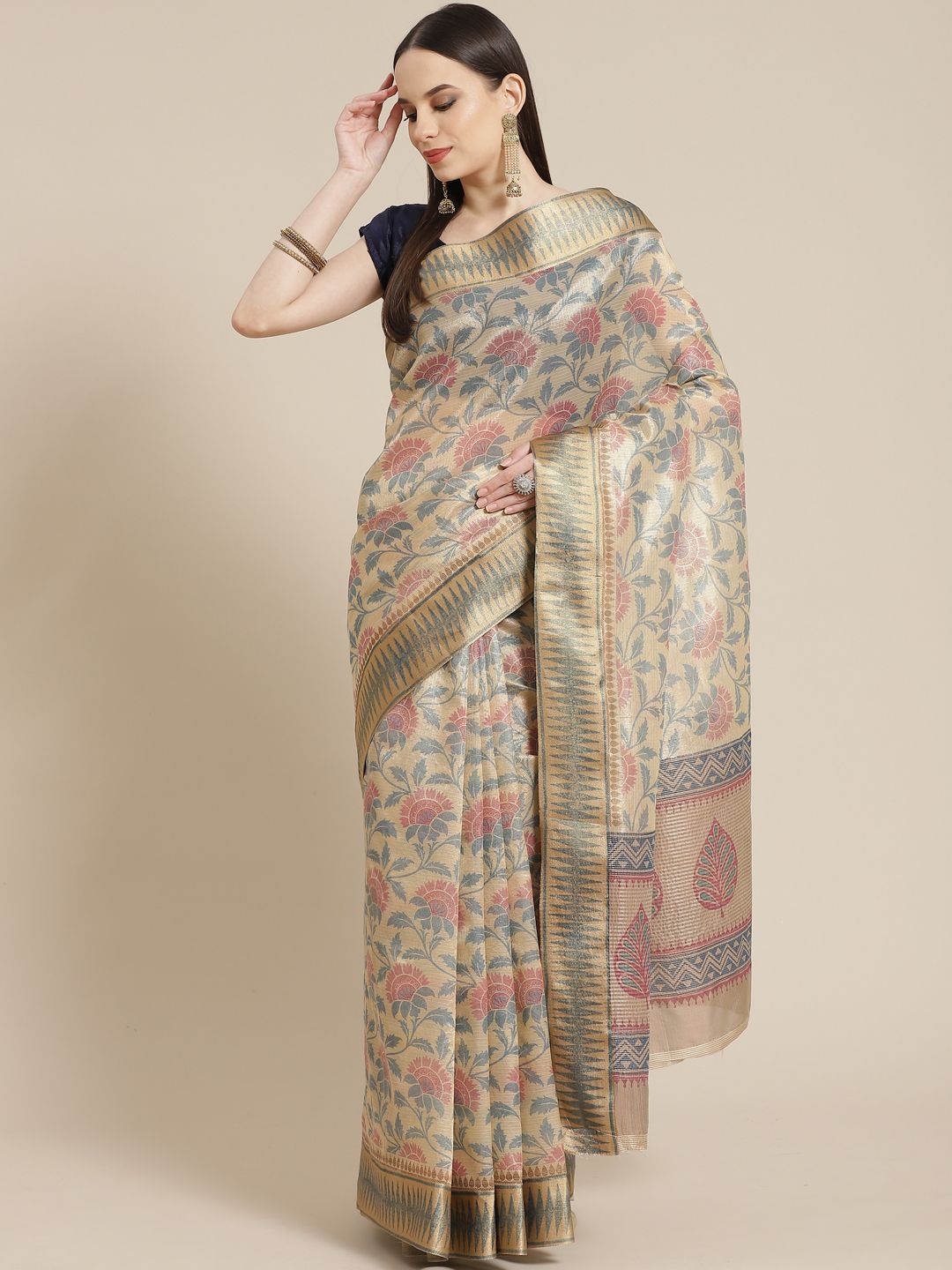 Mitera Beige & Blue Ethnic Motifs Tussar Silk Saree Price in India