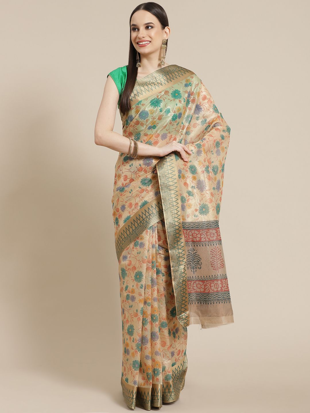 Mitera Beige & Green Floral Tussar Silk Saree Price in India