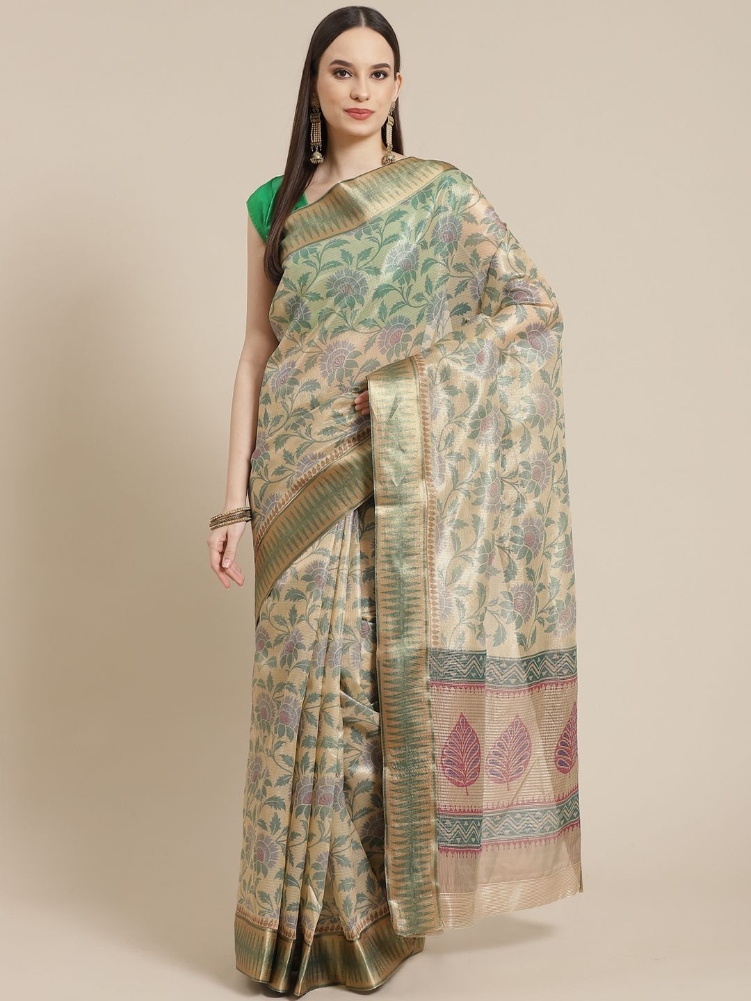 Mitera Beige & Green Ethnic Motifs Tussar Silk Saree Price in India