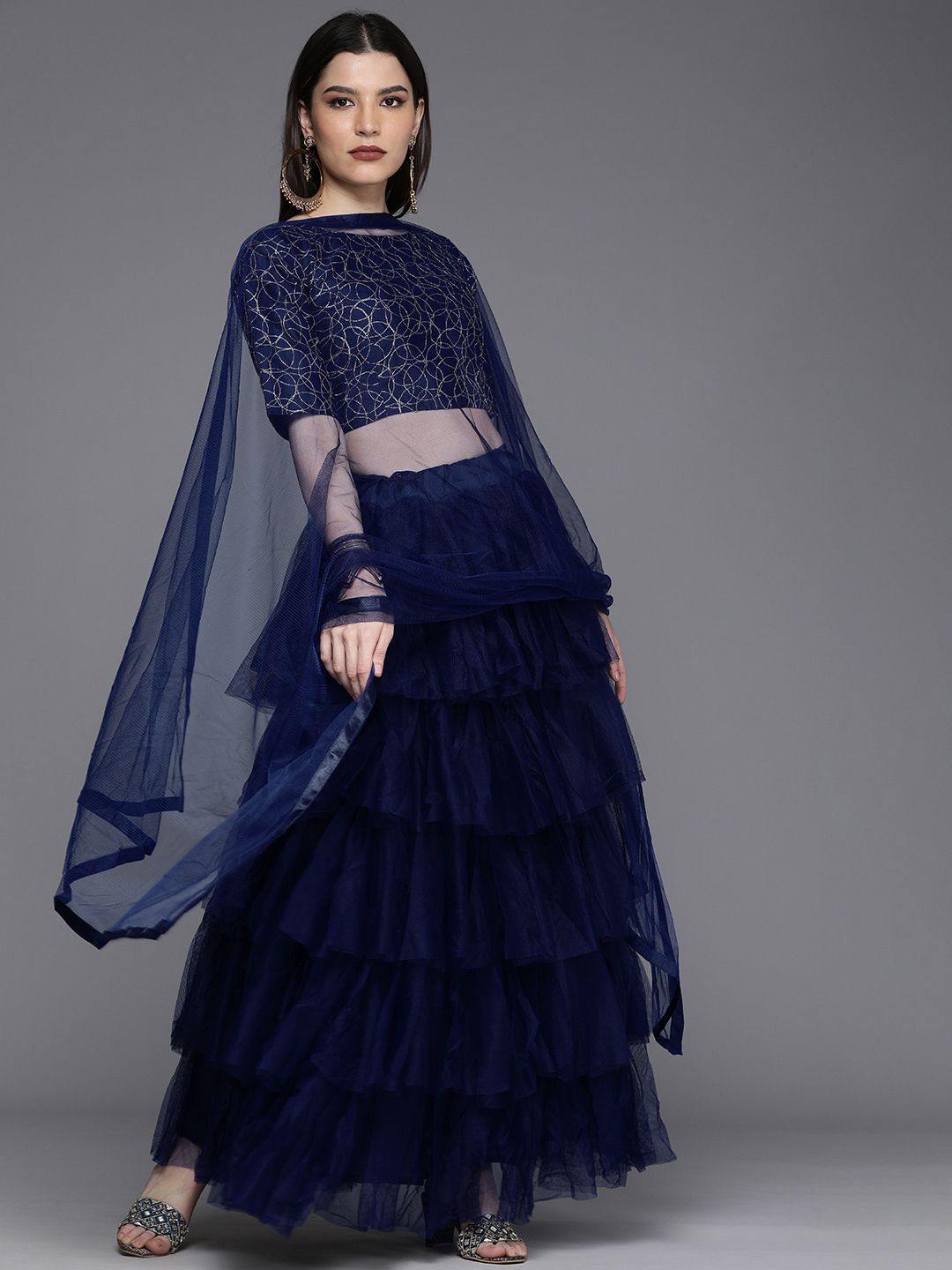 Mitera Navy Blue Thread Work Semi-Stitched Lehenga & Unstitched Blouse With Dupatta Price in India