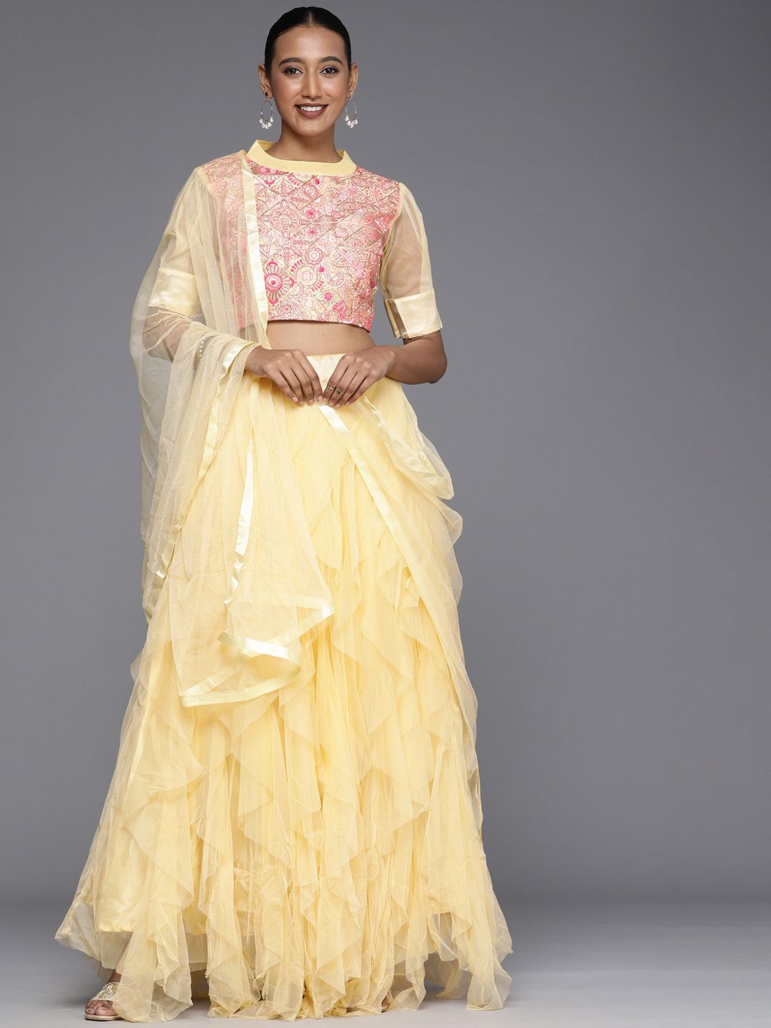 Mitera Cream-Coloured Thread Work Semi-Stitched Lehenga & Unstitched Blouse With Dupatta Price in India