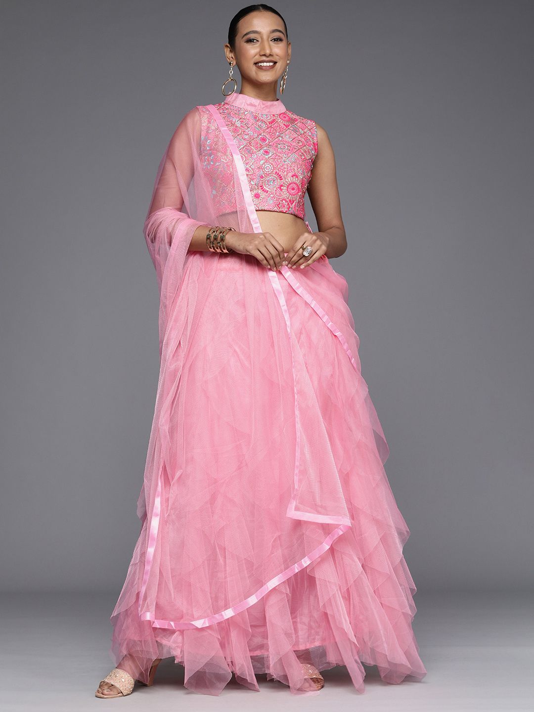 Mitera Pink Thread Work Semi-Stitched Lehenga & Unstitched Blouse With Dupatta Price in India