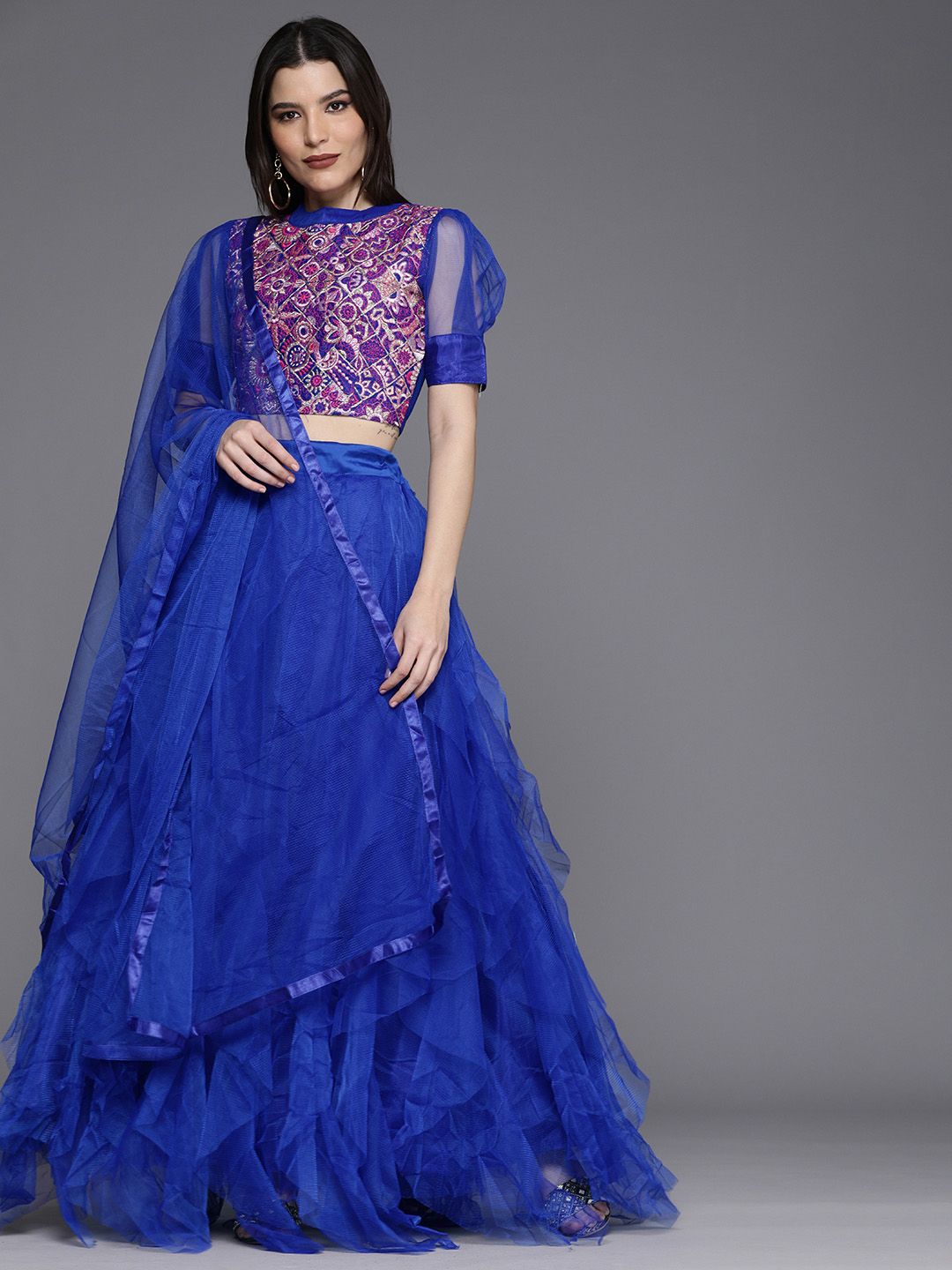 Mitera Blue Thread Work Semi-Stitched Lehenga & Unstitched Blouse With Dupatta Price in India