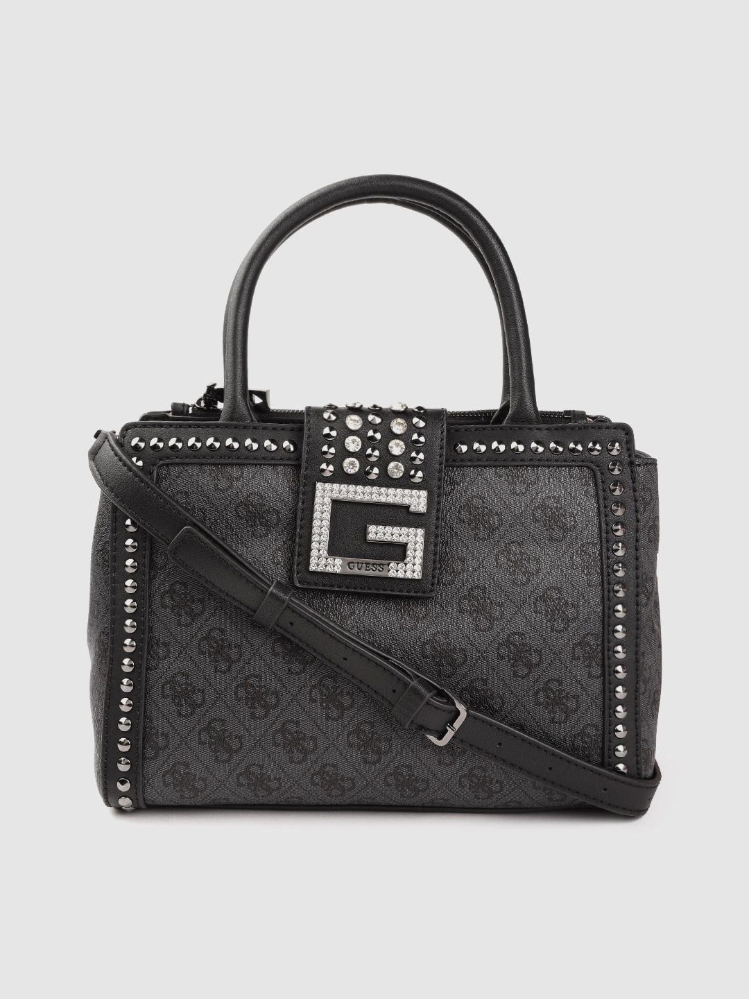 GUESS Charcoal Grey & Black Brand Logo Printed Structured Handheld Bag Price in India