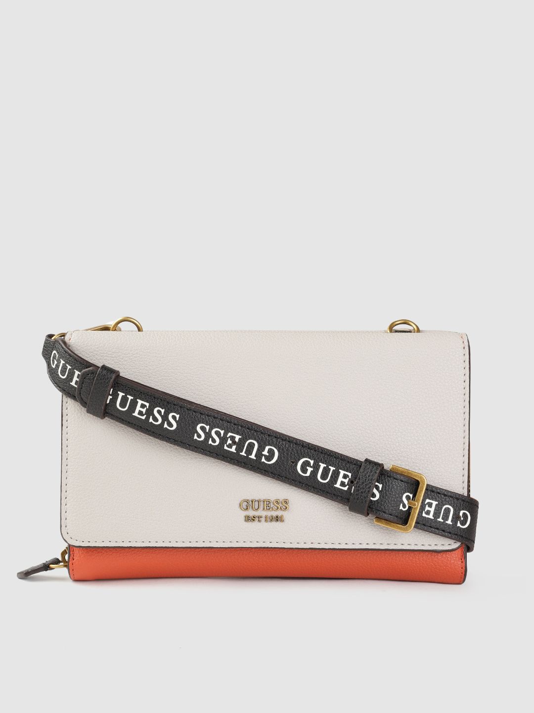 GUESS Off-White & Orange Structured Sling Bag Price in India