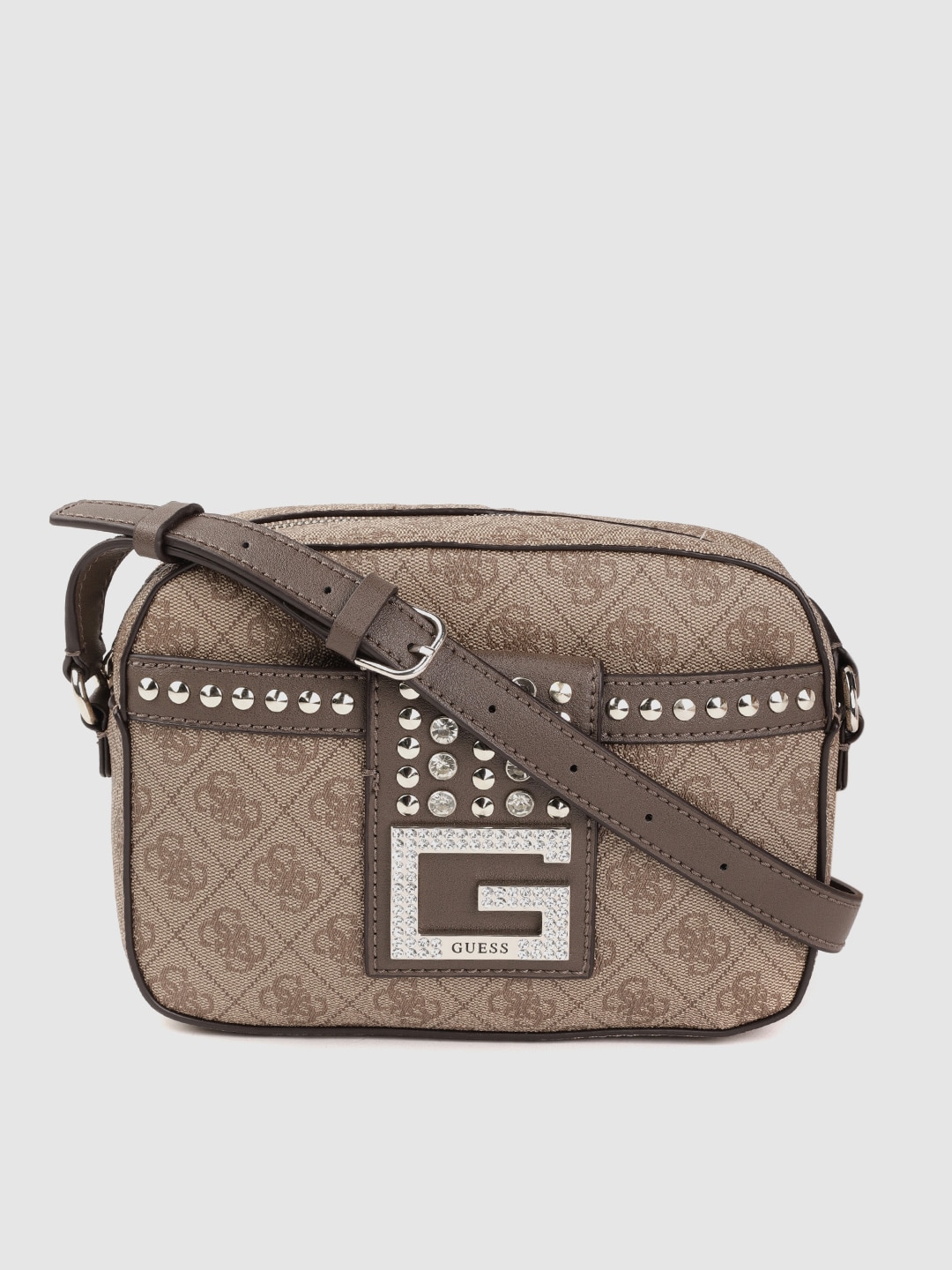 GUESS Beige Brand Logo Printed Structured Sling Bag with Embellished Detail Price in India