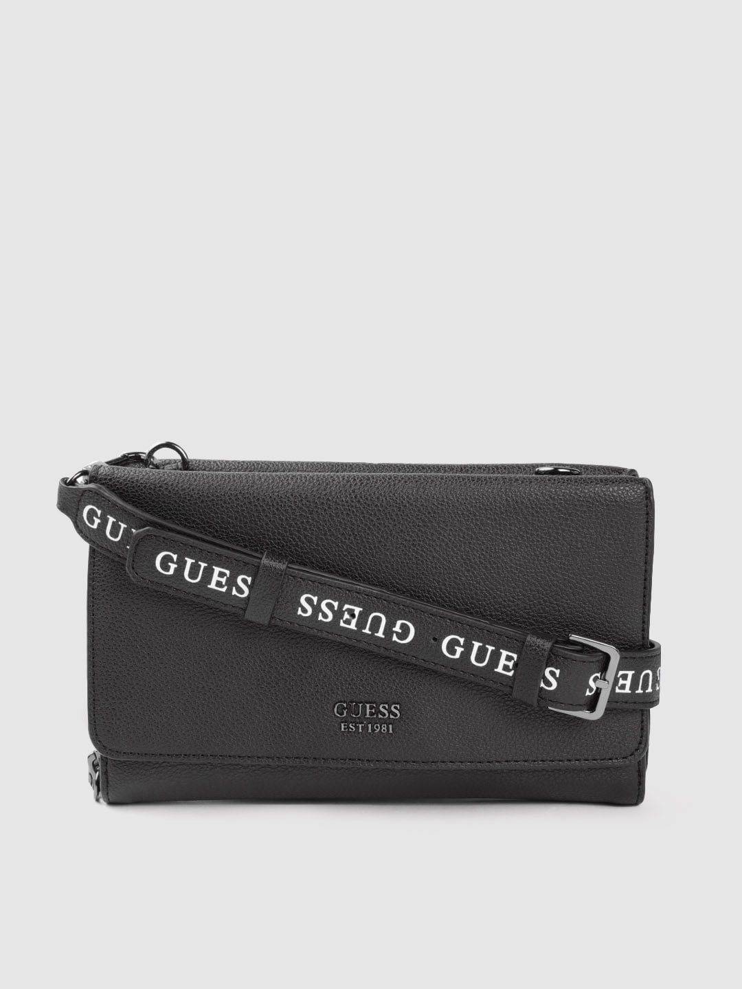GUESS Black Solid Structured Sling Bag Price in India