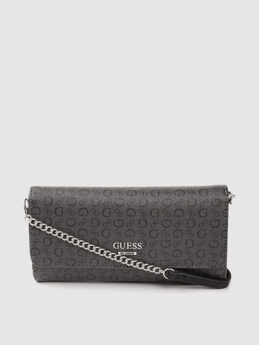 GUESS Women Grey & Black Brand Logo Print Three Fold Wallet Price in India