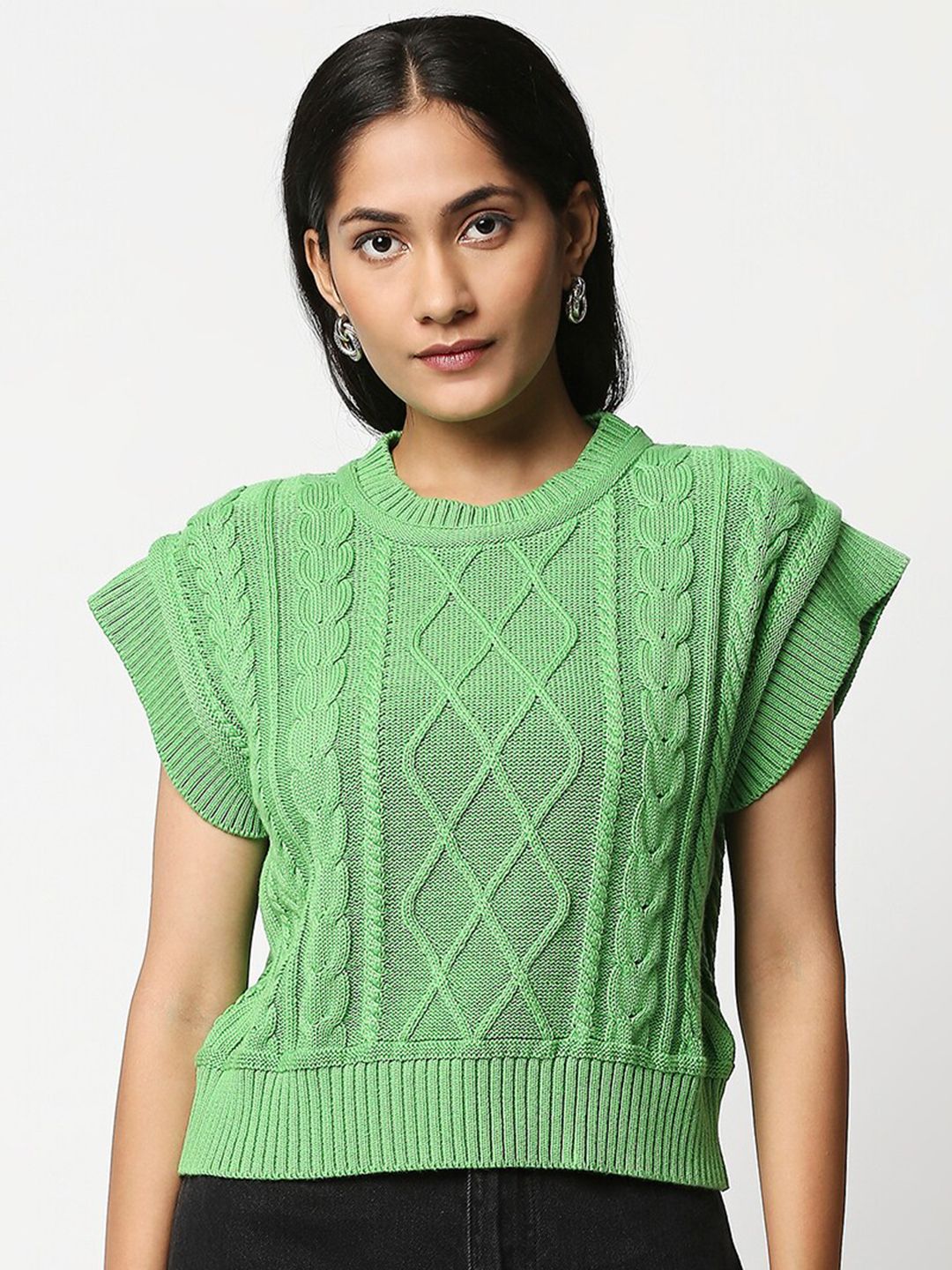 20Dresses Women Green Self Design Pure Cotton Crop Pullover Sweater Price in India