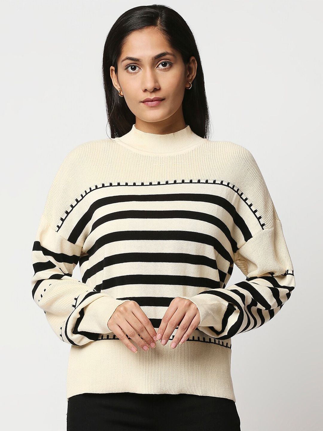 20Dresses Women Off White & Black Striped Pure Cotton Pullover Sweater Price in India