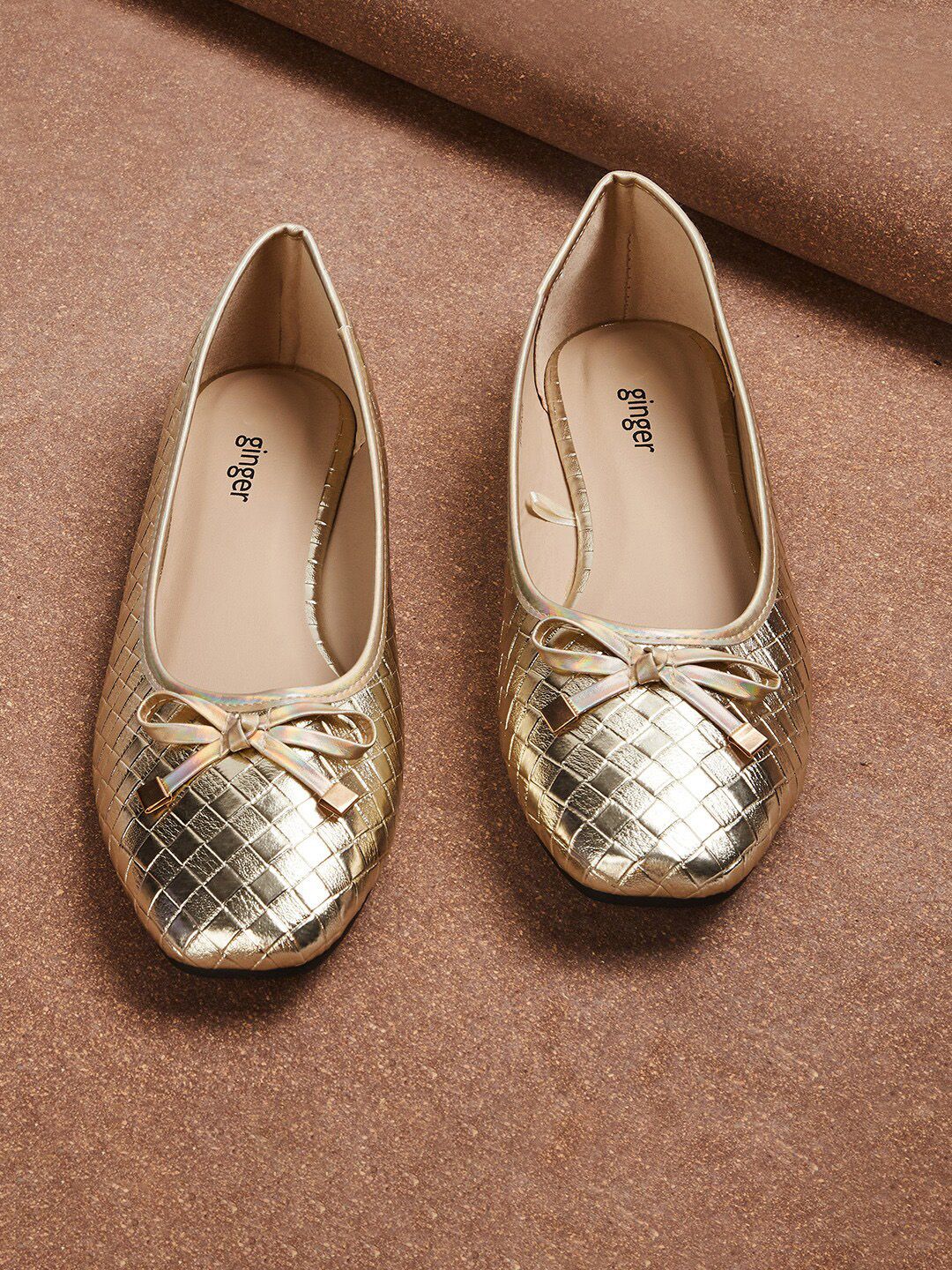 Ginger by Lifestyle Women Gold-Toned Ballerinas with Bows Price in India