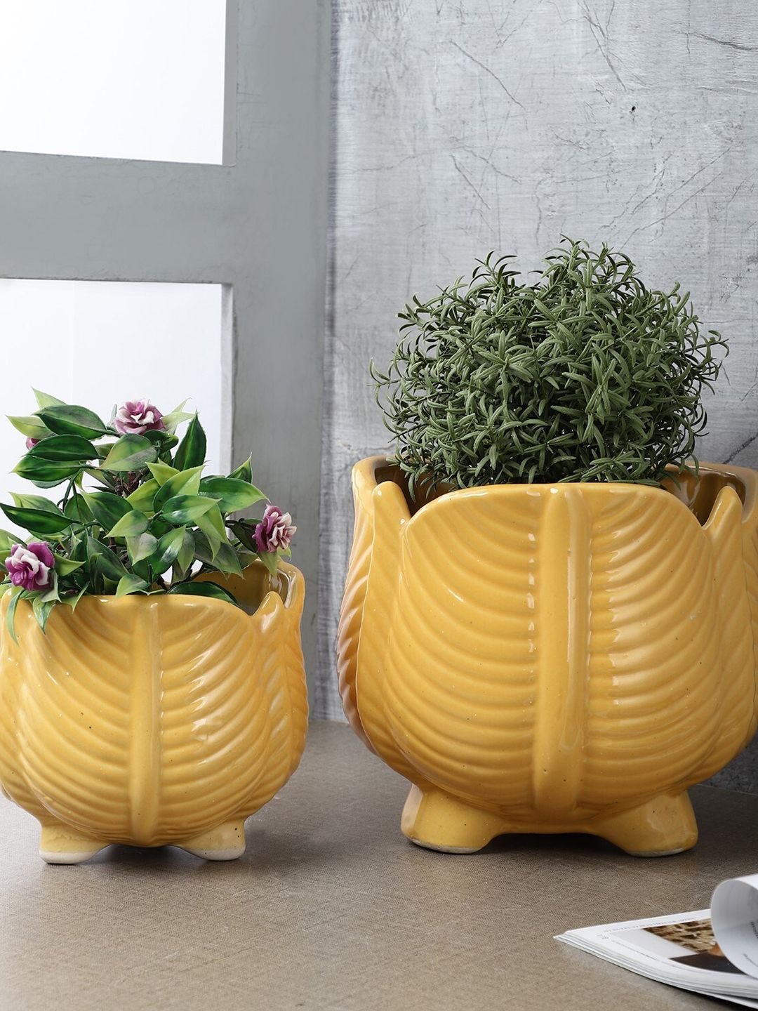 The Decor Mart Set Of 2 Yellow Textured Ceramic Planters Price in India