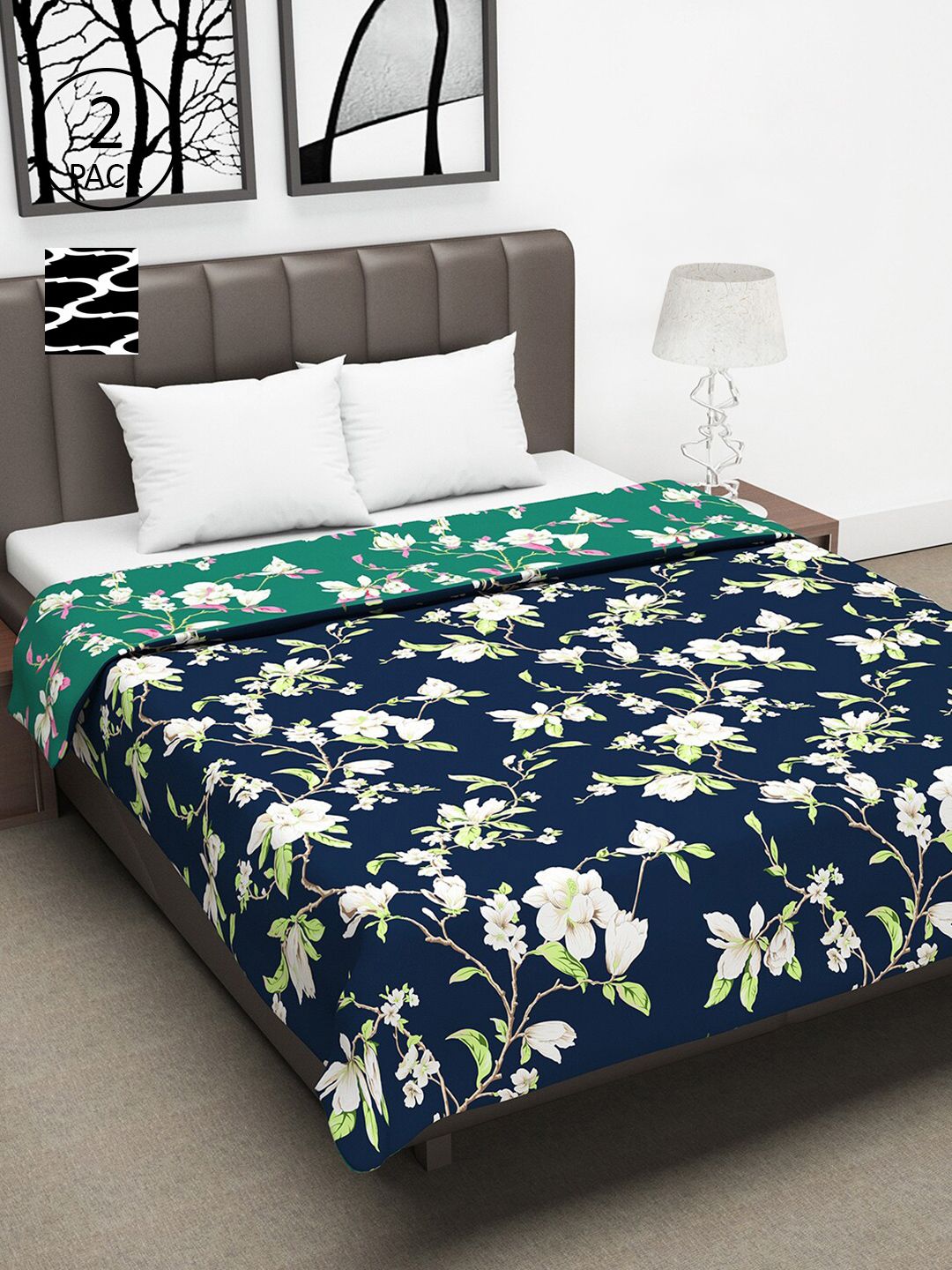 Divine Casa Navy Blue & Green Set of 2 Floral Mild Winter 120 GSM Double Bed Dohar Price in India