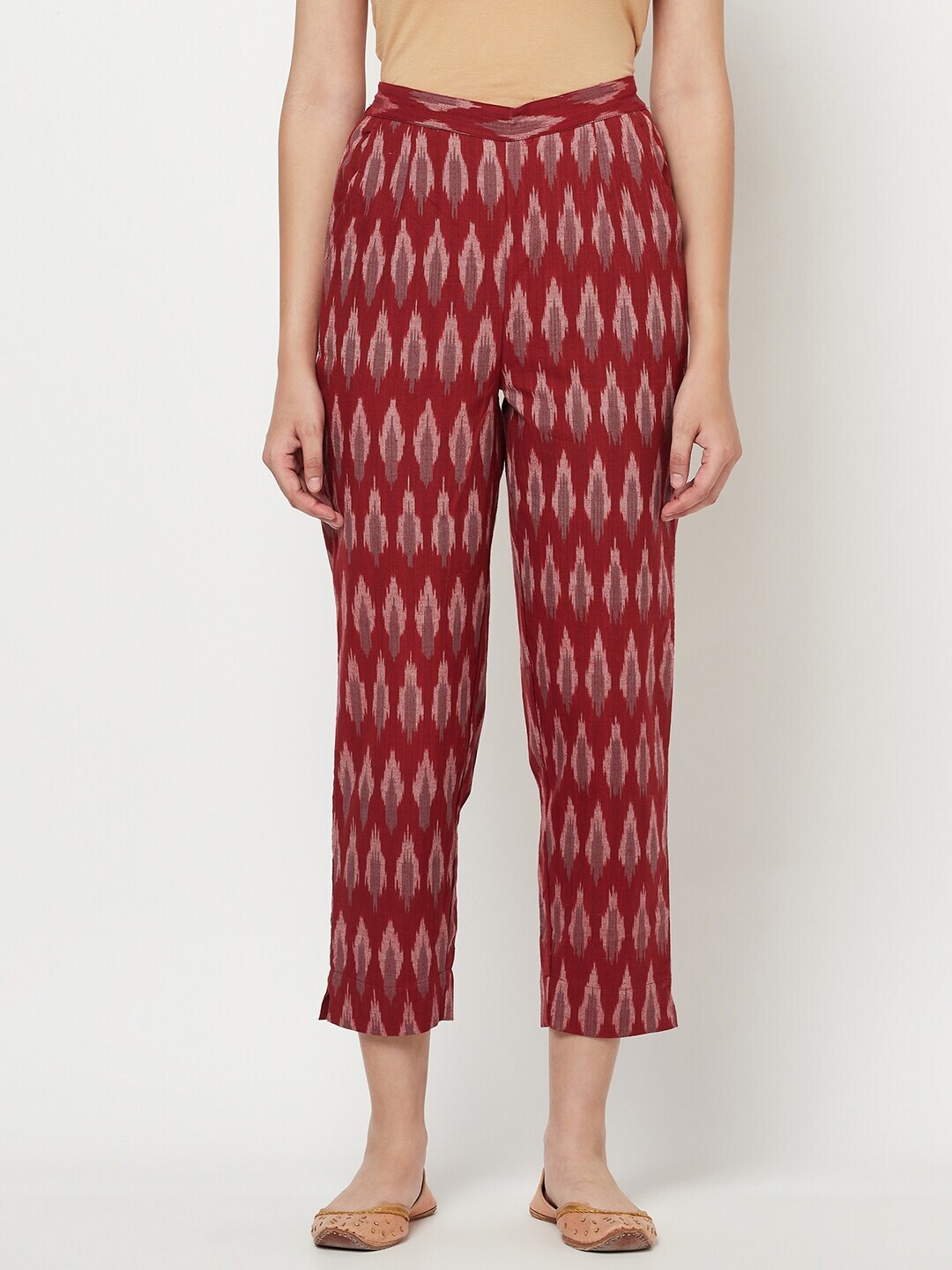 Fabindia Women Maroon Ikat Printed Tapered Fit Cotton Cigerette Trousers Price in India