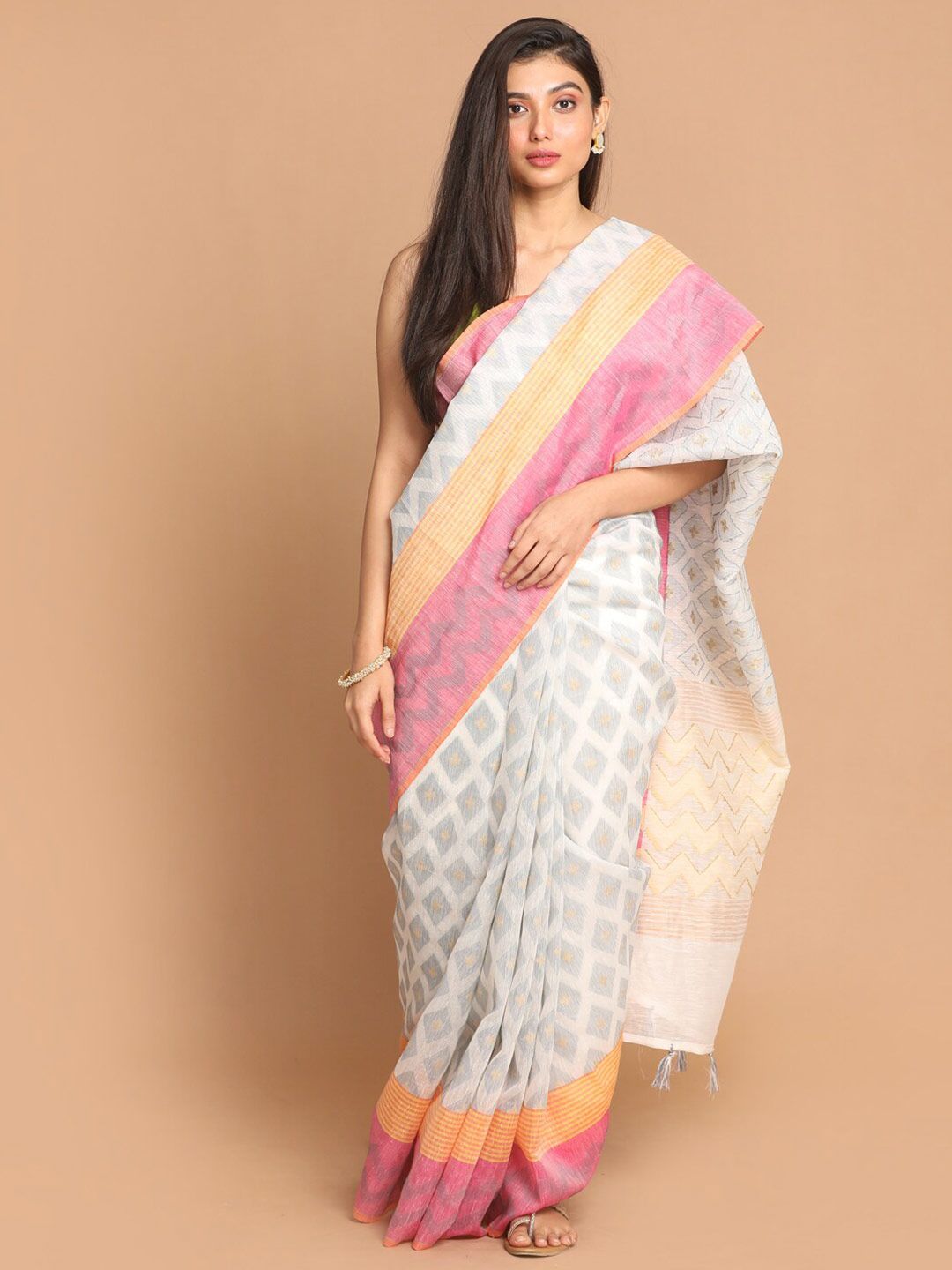 Indethnic Grey & Pink Ethnic Motifs Linen Blend Banarasi Saree Price in India