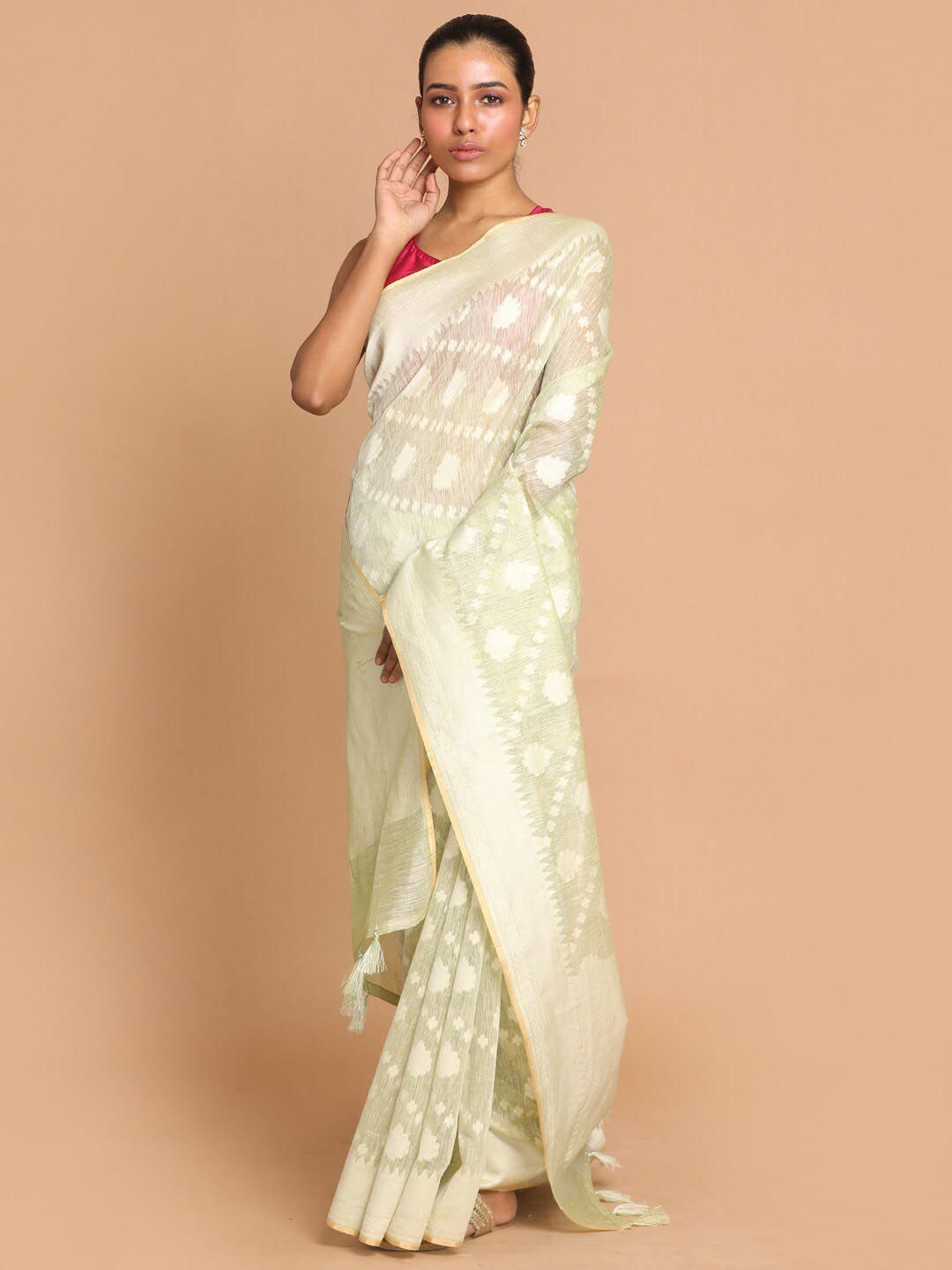 Indethnic Green & Off White Ethnic Motifs Linen Blend Banarasi Saree Price in India