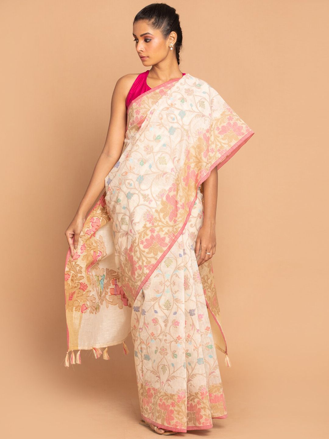 Indethnic Beige & Pink Floral Linen Blend Banarasi Saree Price in India