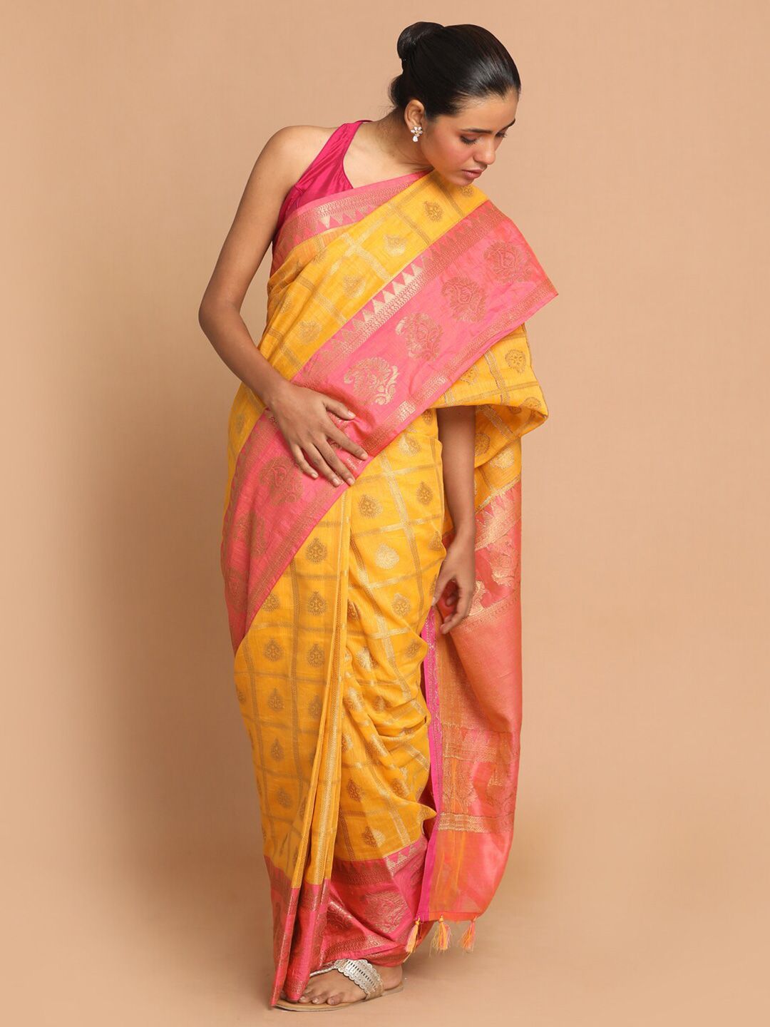 Indethnic Mustard & Pink Warli Linen Blend Banarasi Saree Price in India