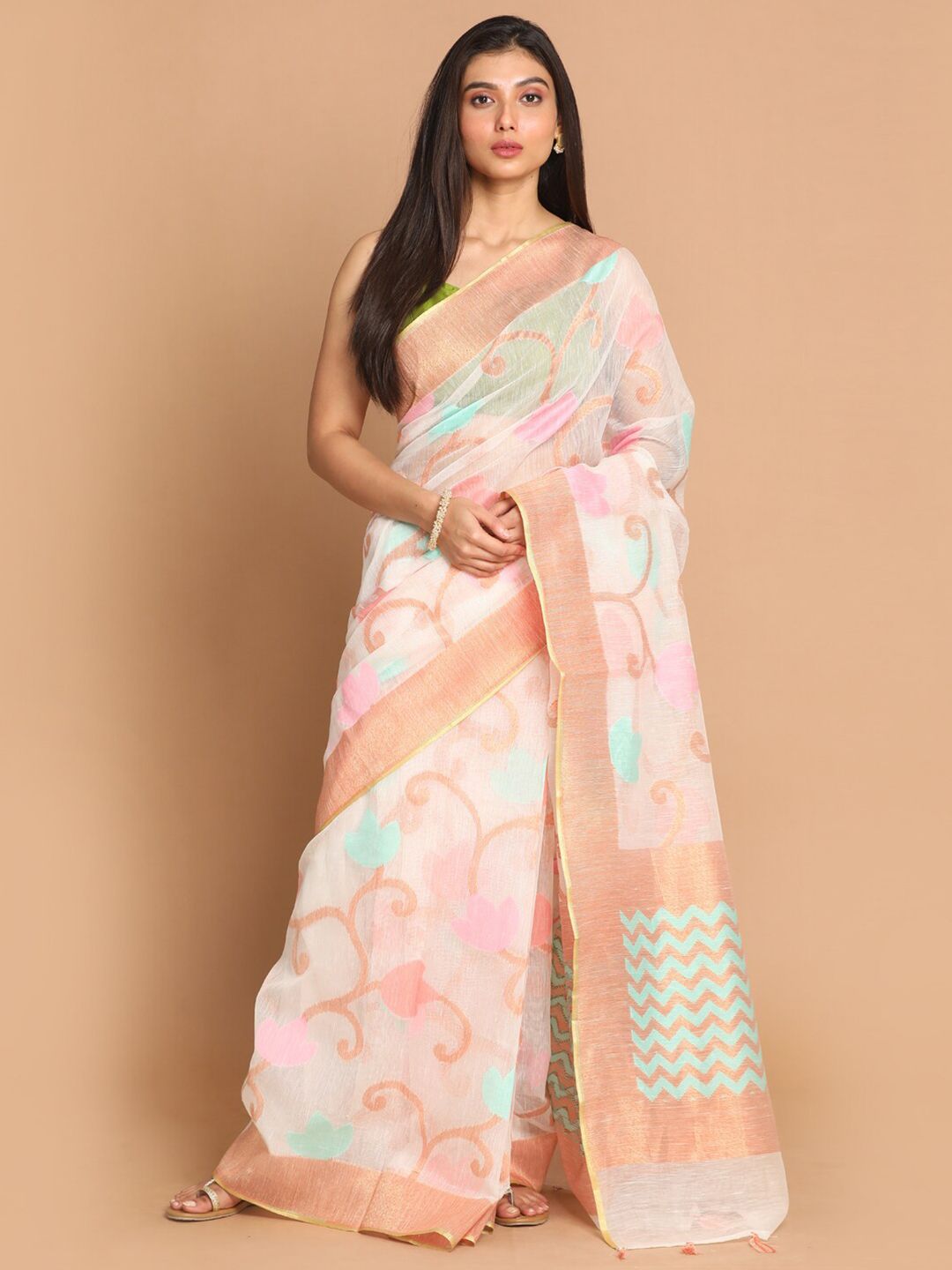 Indethnic White & Peach Floral Linen Blend Banarasi Saree Price in India